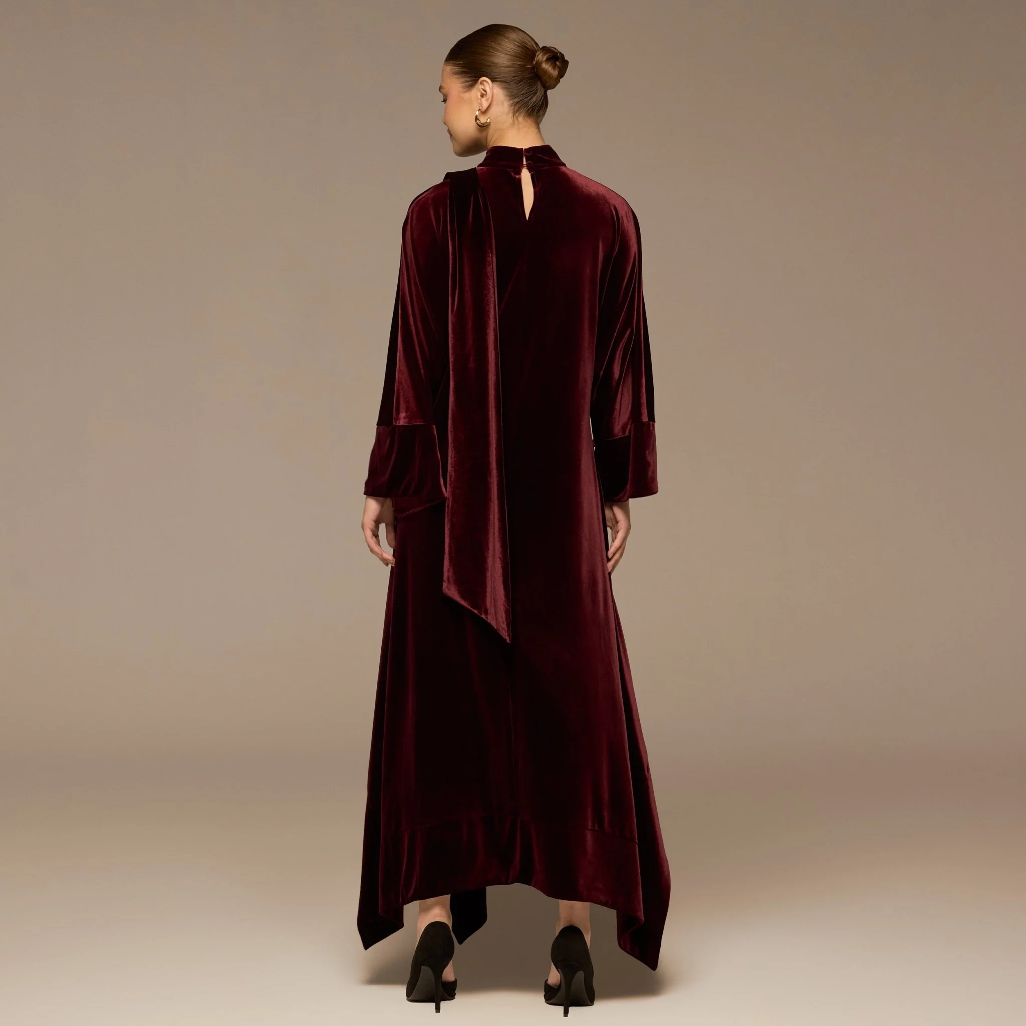 Burgundy Wide Sleeve Velvet Dress with Scarf - Image 5
