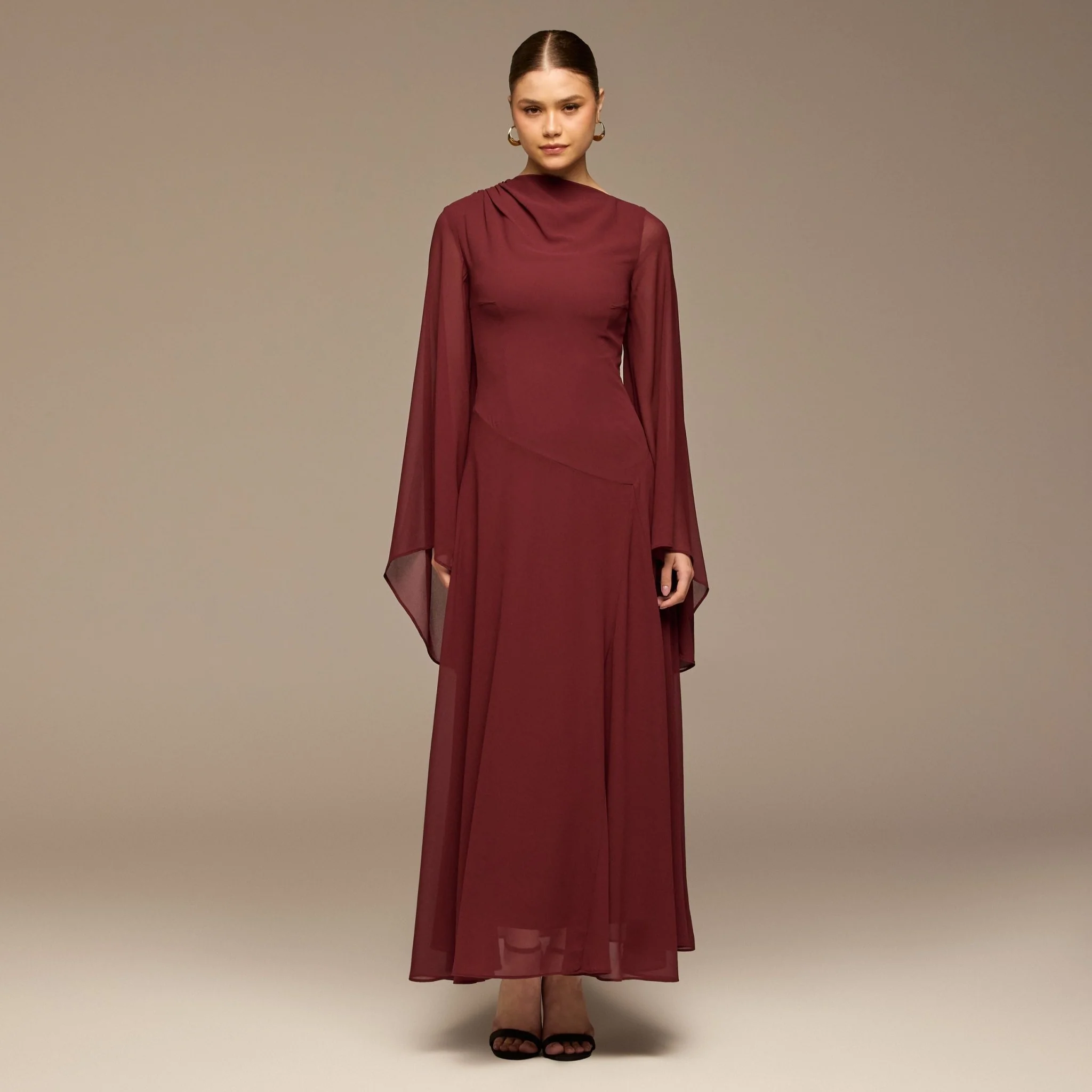 Burgundy Flared Sleeve Chiffon Maxi Dress