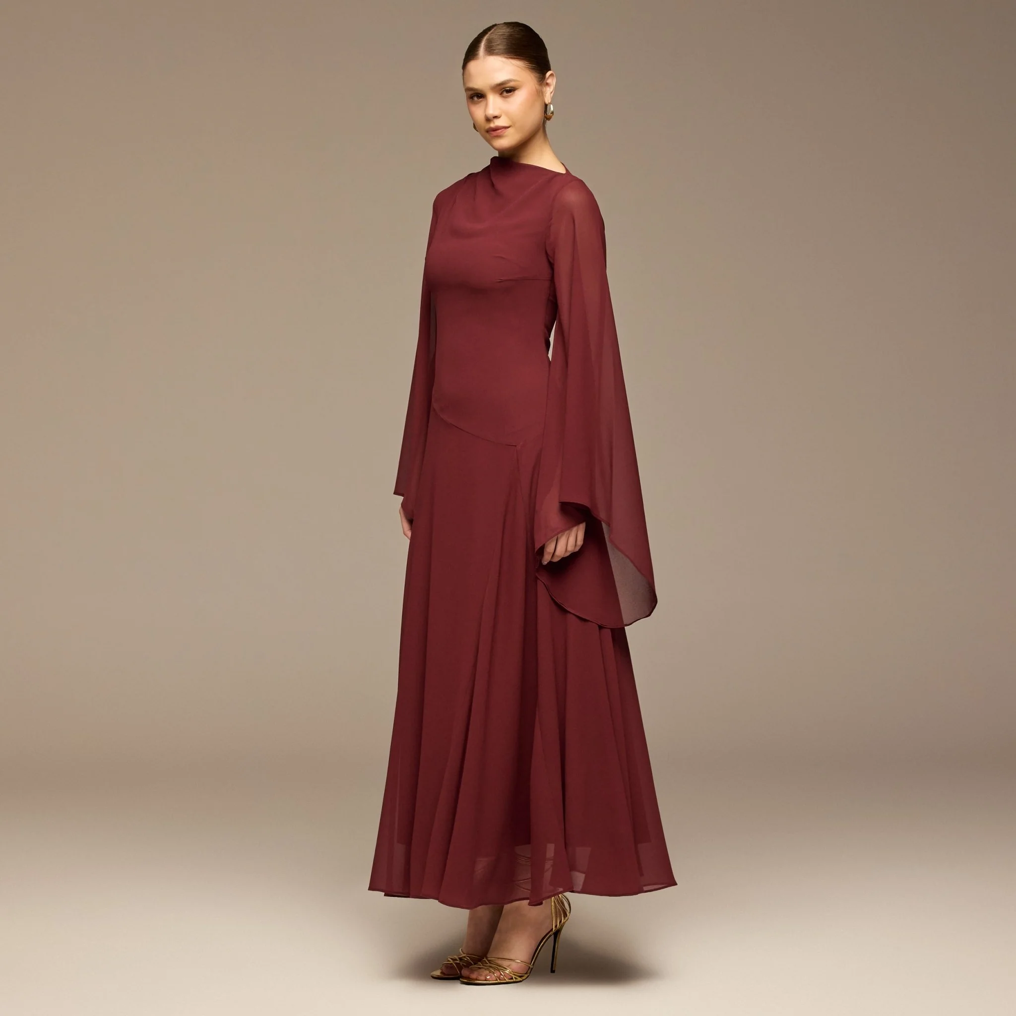 Burgundy Flared Sleeve Chiffon Maxi Dress - Image 2