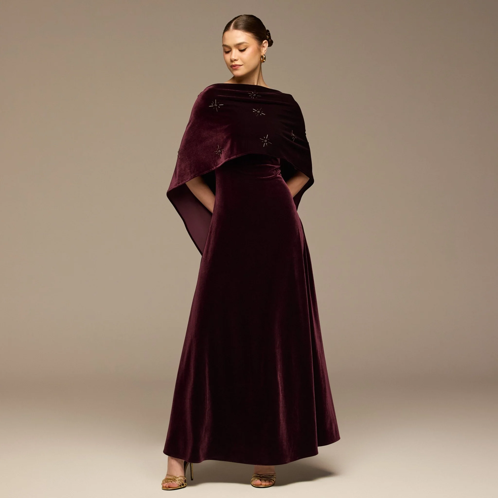 Burgundy Beaded Velvet Maxi Dress - Image 2