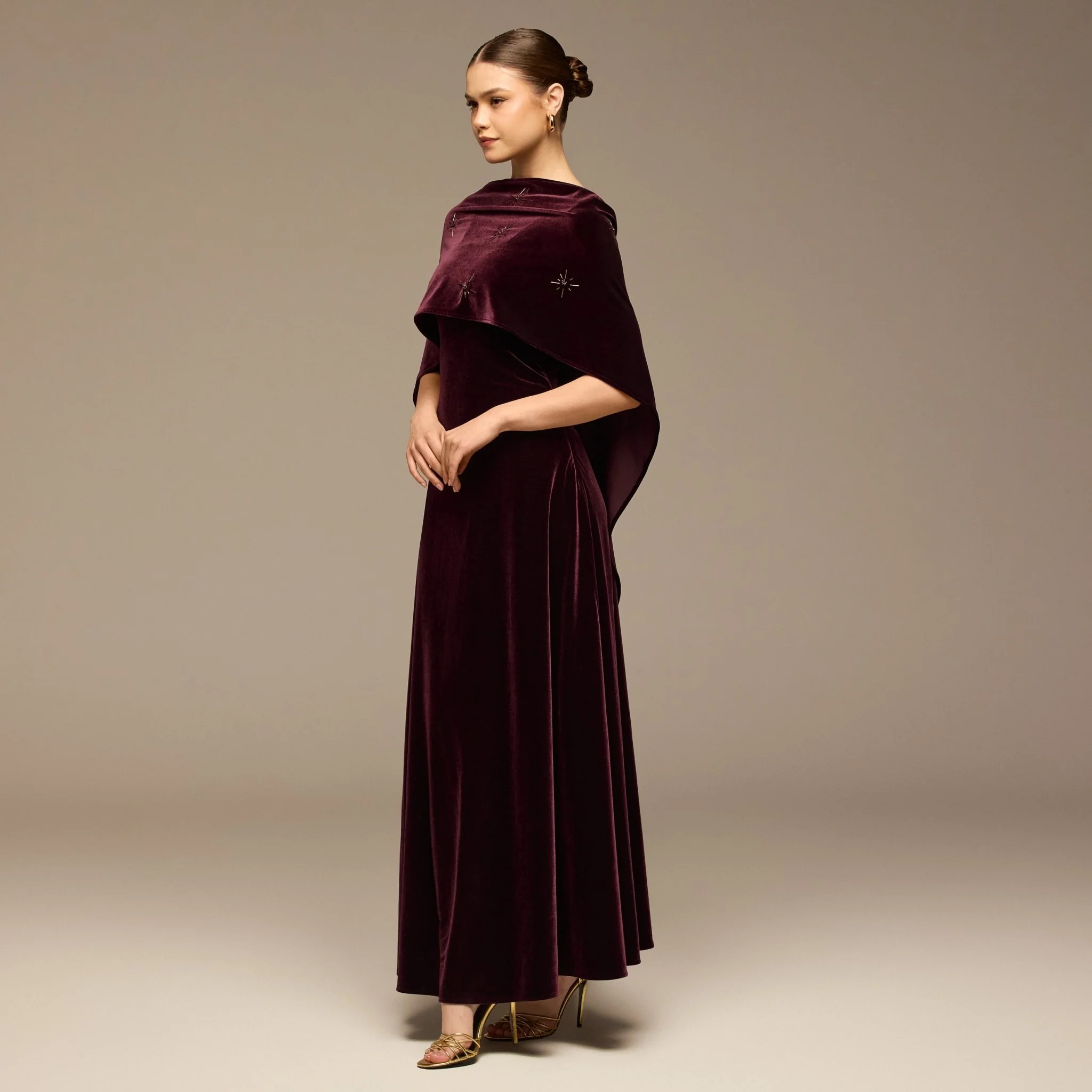 Burgundy Beaded Velvet Maxi Dress - Image 3