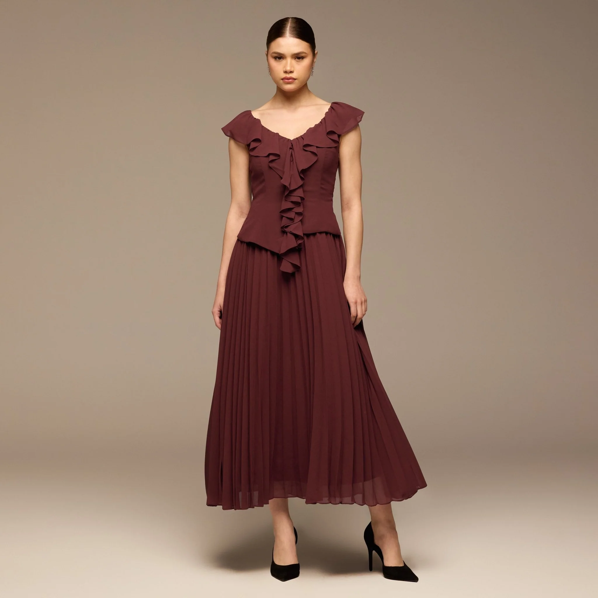 Burgundy Ruffle Neck Pleated Chiffon Dress