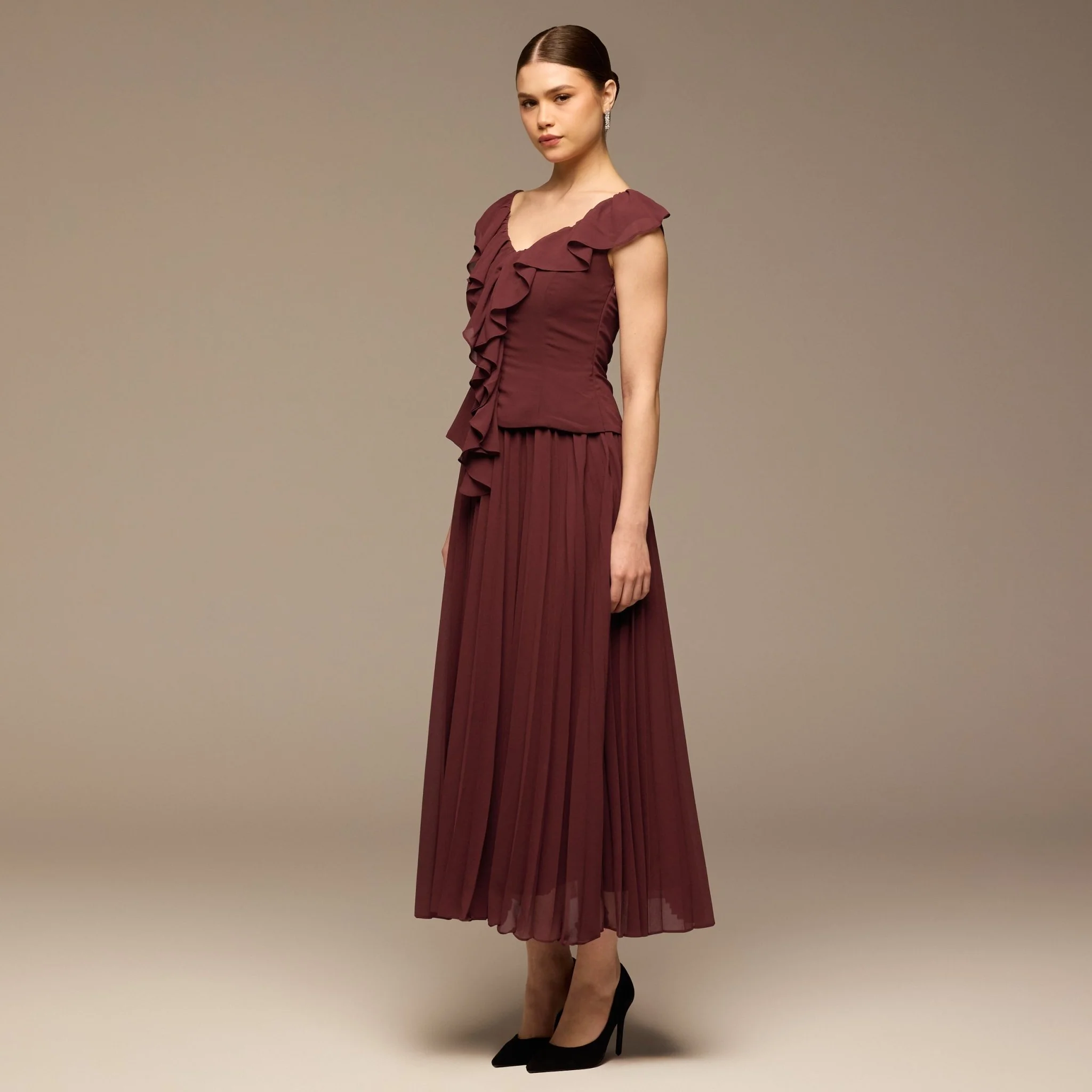 Burgundy Ruffle Neck Pleated Chiffon Dress - Image 2
