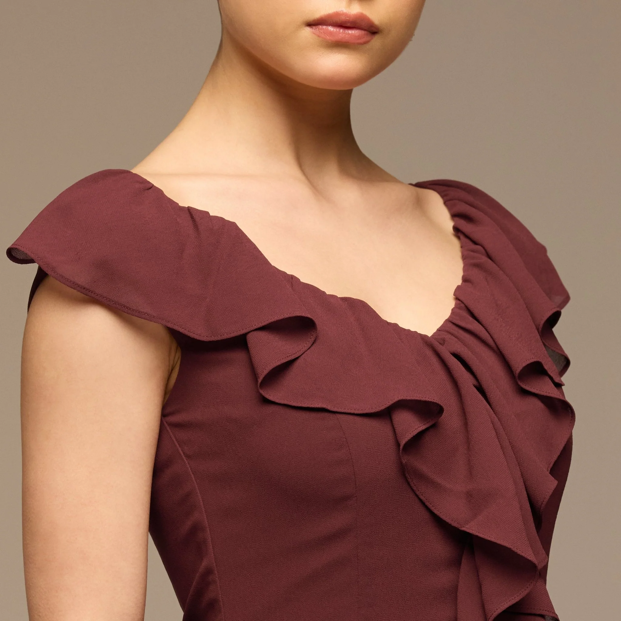 Burgundy Ruffle Neck Pleated Chiffon Dress - Image 3