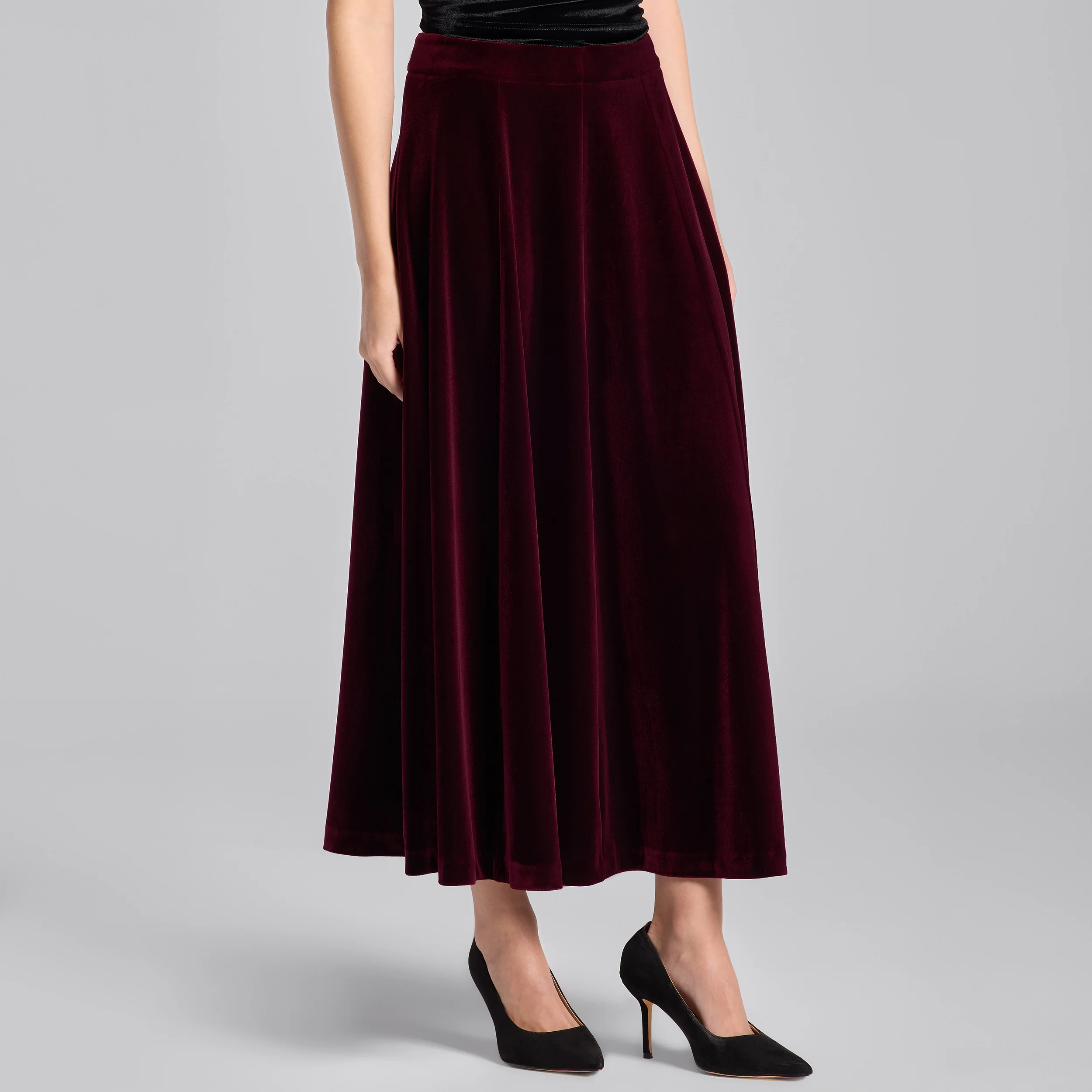 Burgundy A Line Velvet Midi Skirt - Image 2