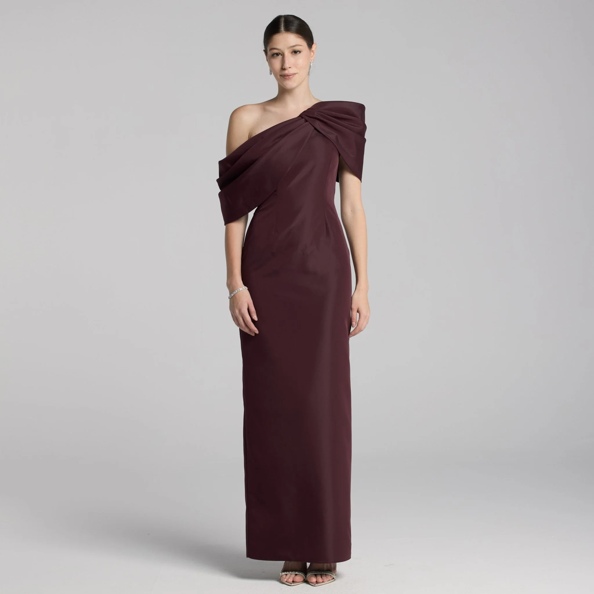 Burgundy Taffeta Off Shoulder Draped Maxi Dress