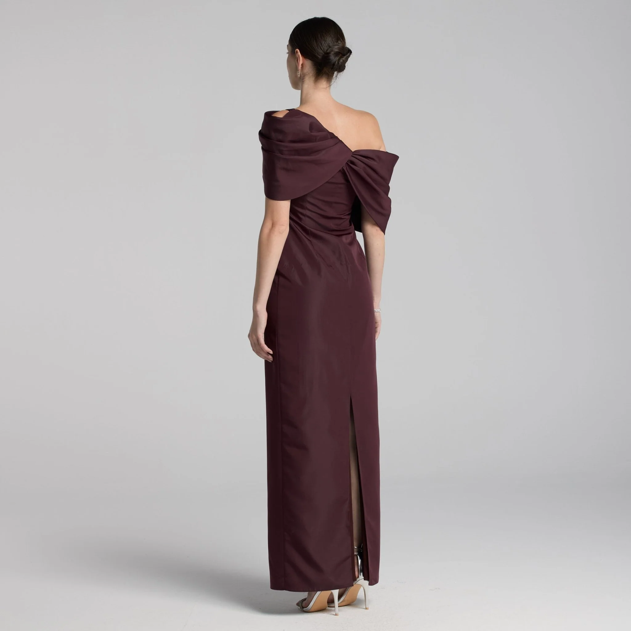 Burgundy Taffeta Off Shoulder Draped Maxi Dress - Image 2
