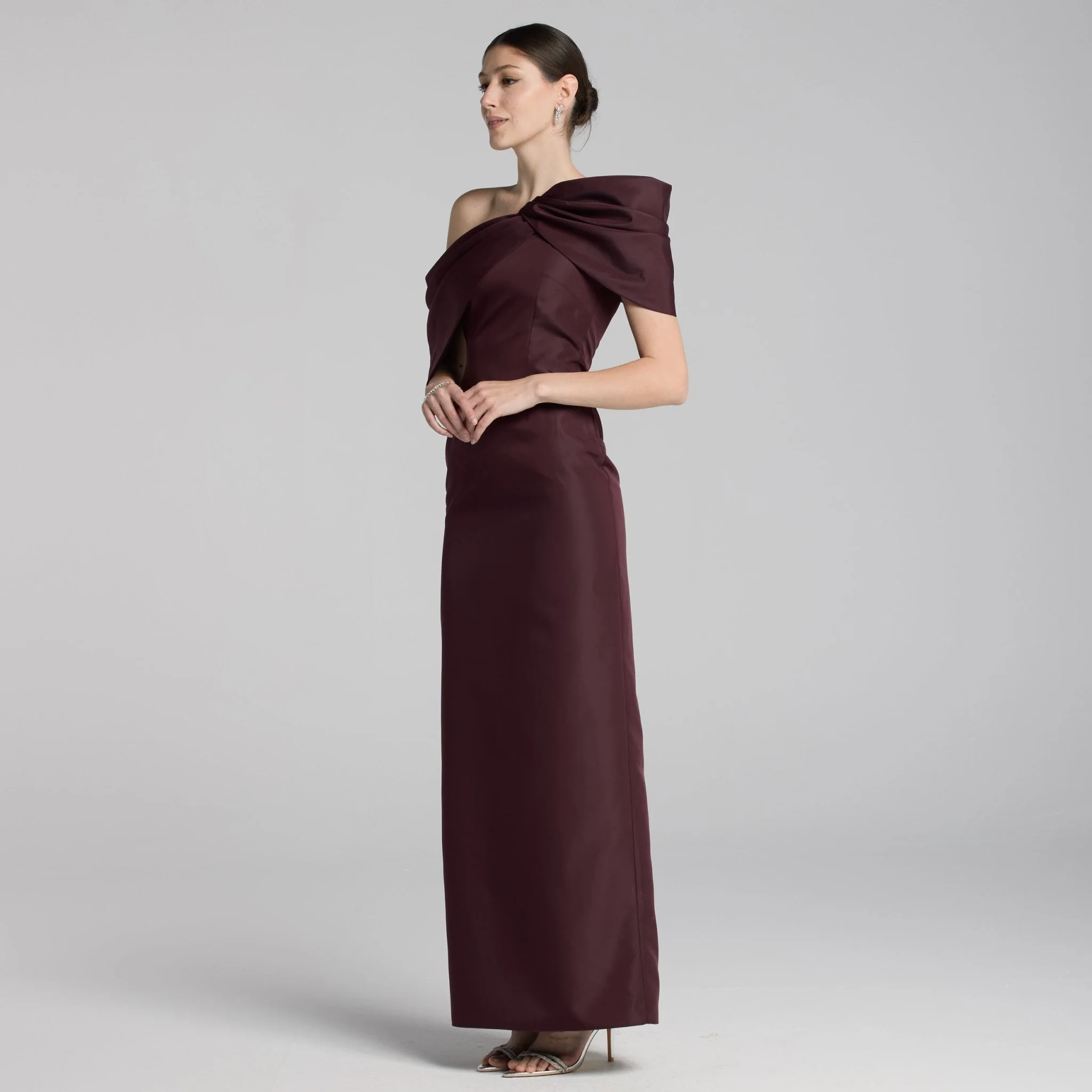 Burgundy Taffeta Off Shoulder Draped Maxi Dress - Image 4