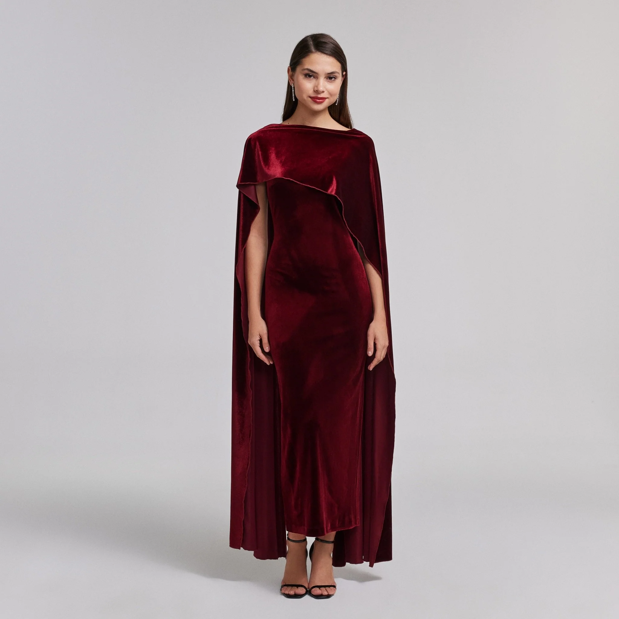 Burgundy Velvet Cape Maxi Dress