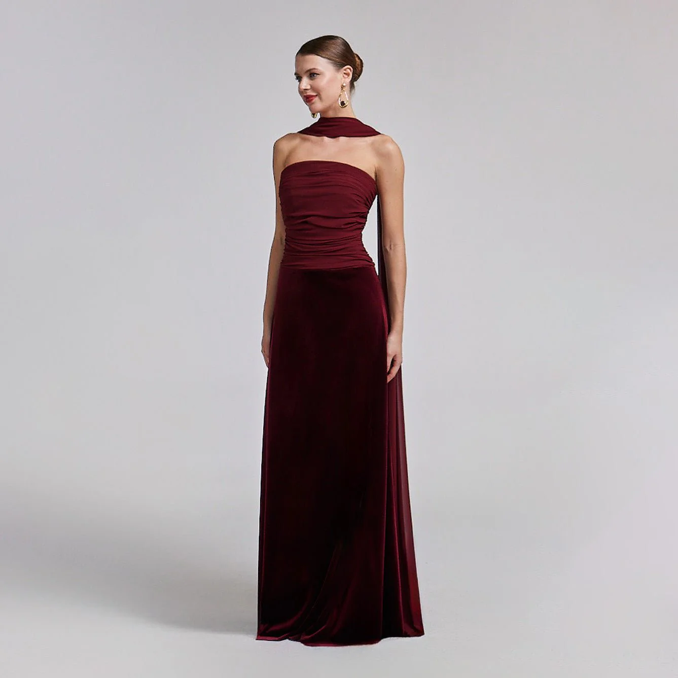 Burgundy Velvet-Chiffon Strapless Gown with Draped Scarf - Image 2