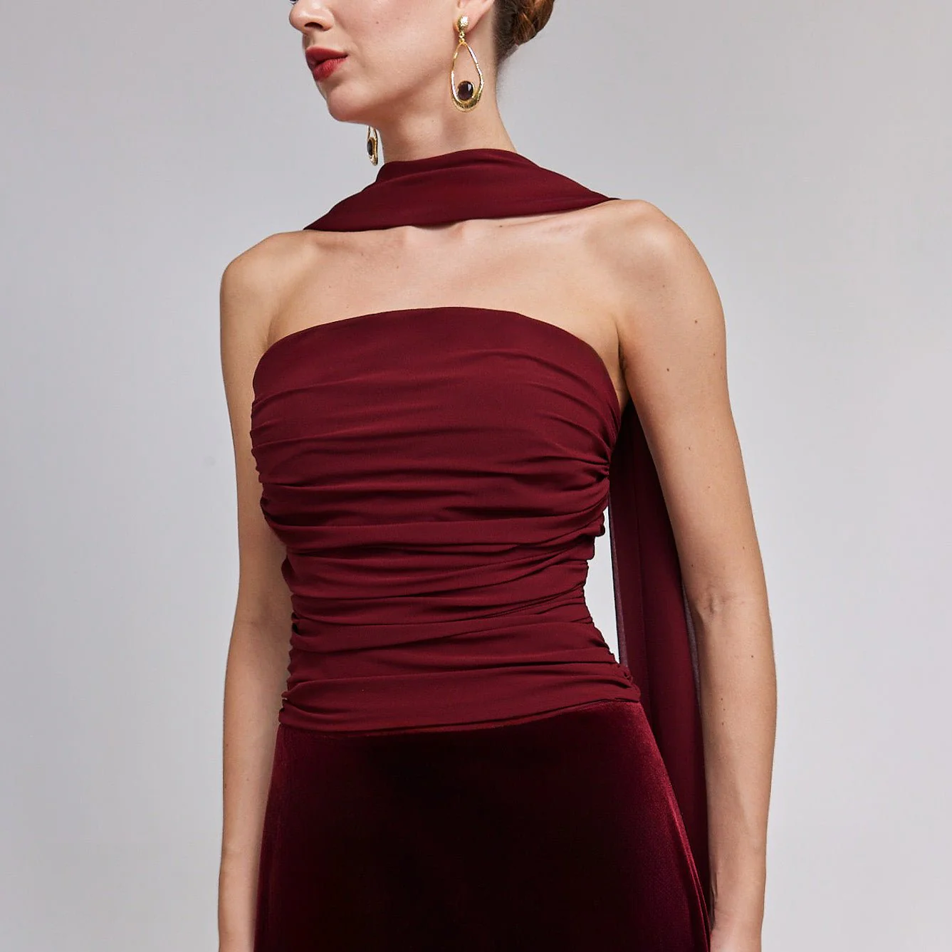 Burgundy Velvet-Chiffon Strapless Gown with Draped Scarf - Image 3