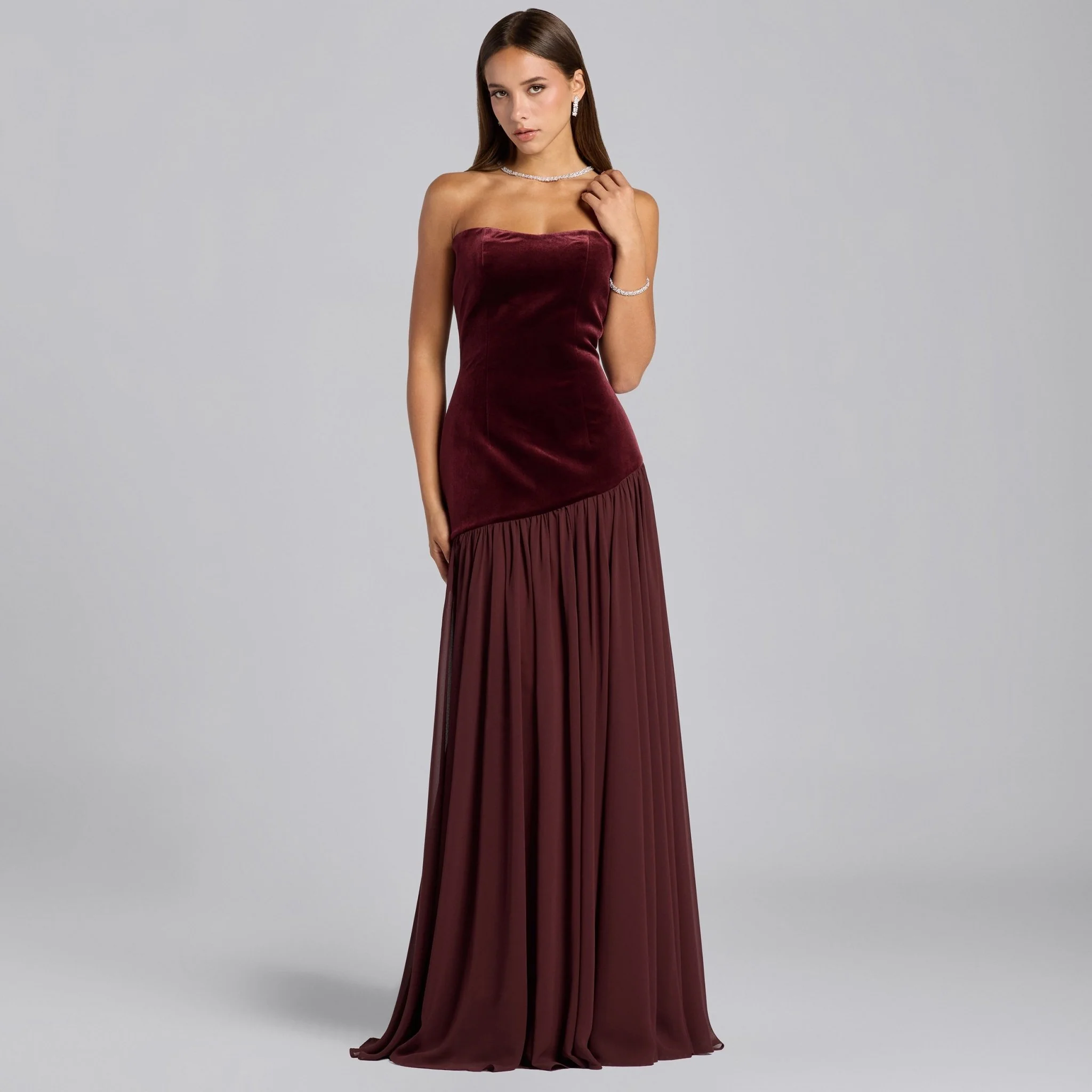 Burgundy Velvet Dress with Voluminous Chiffon Skirt
