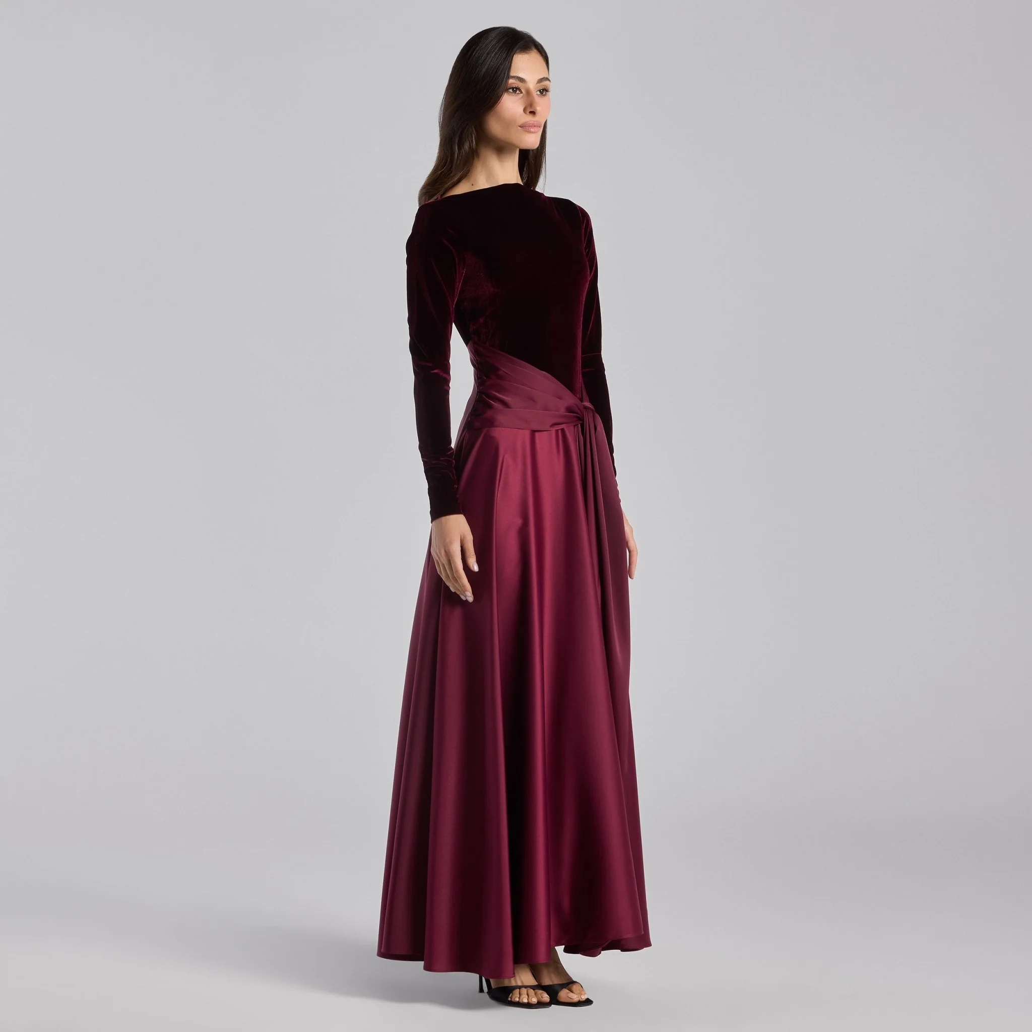 Burgundy Velvet & Satin Midi Dress with Twisted Waist - Image 3