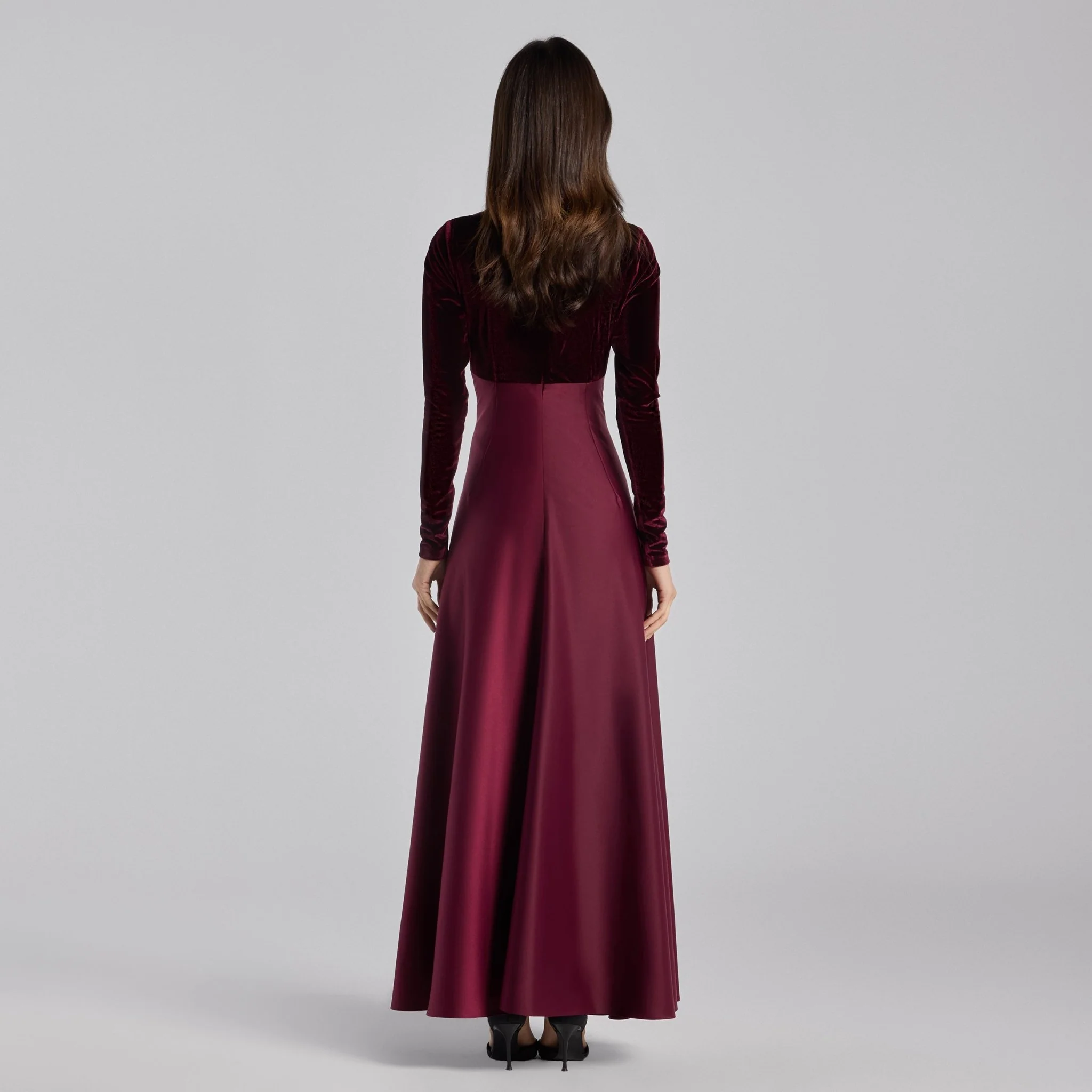 Burgundy Velvet & Satin Midi Dress with Twisted Waist - Image 5