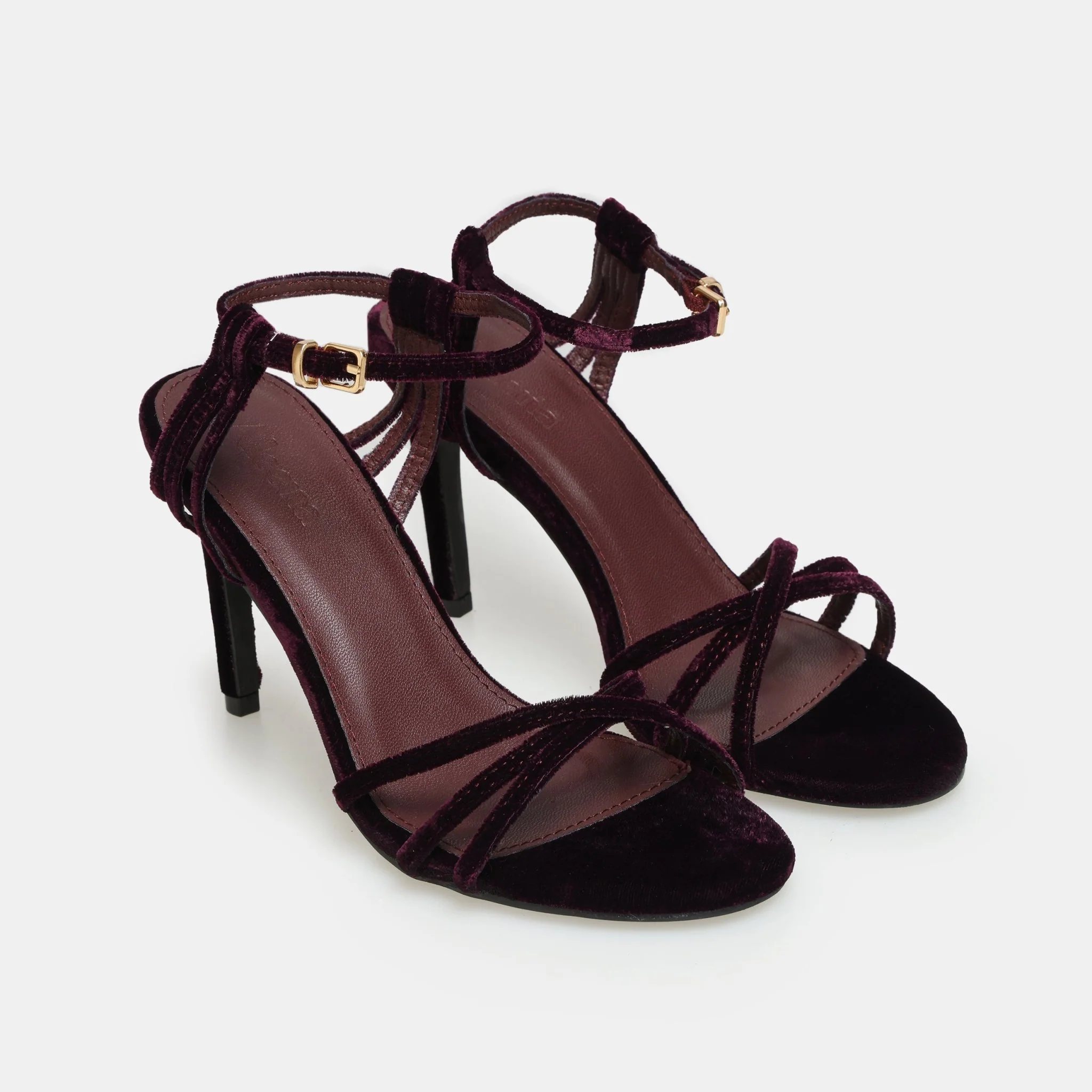 Burgundy Velvet Strappy High Heel Sandals