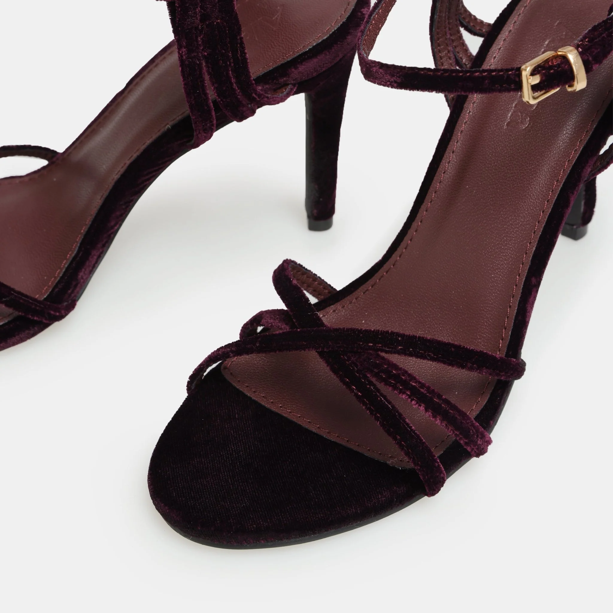 Burgundy Velvet Strappy High Heel Sandals - Image 2