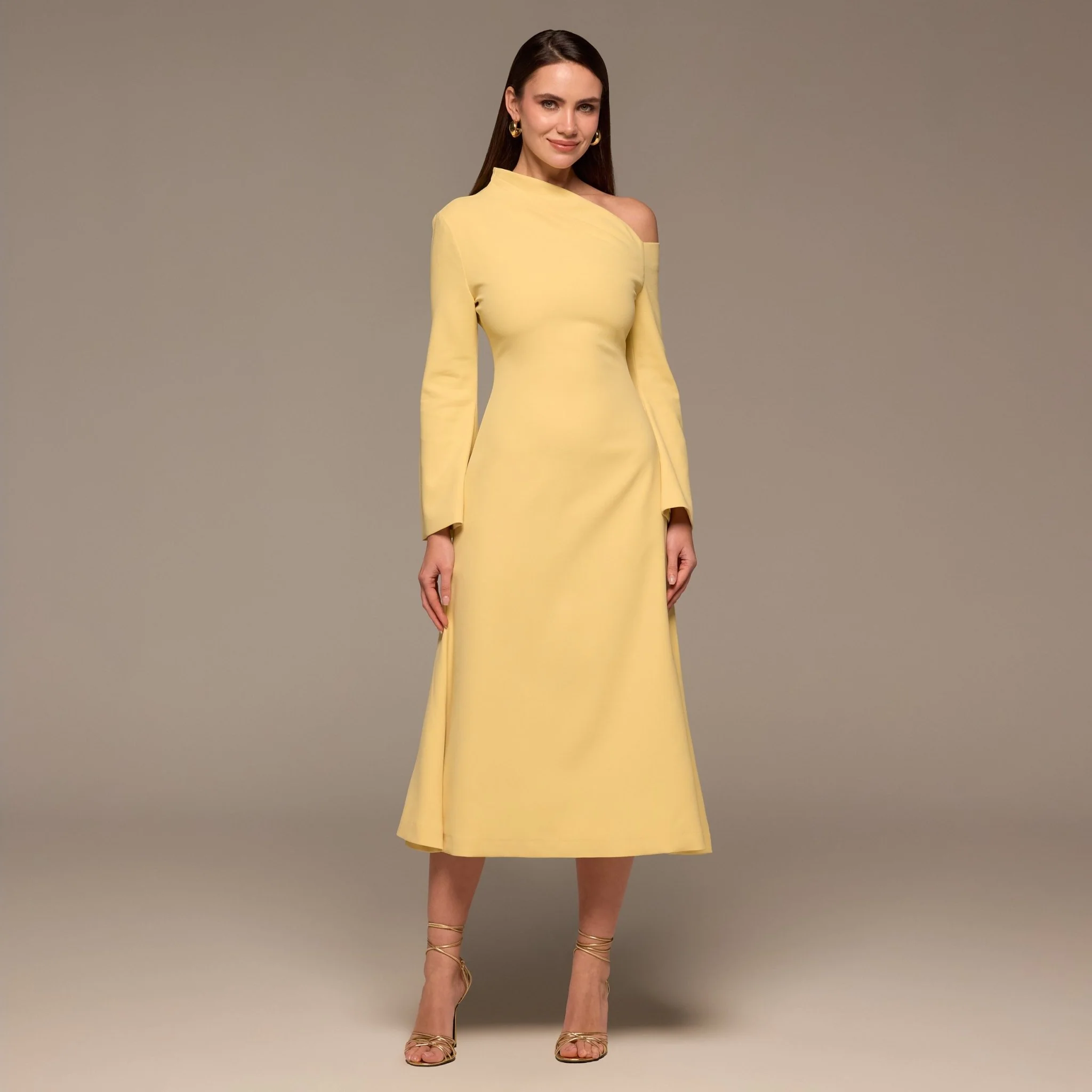 Butter Yellow Bare Shoulder Crepe Midi Dress