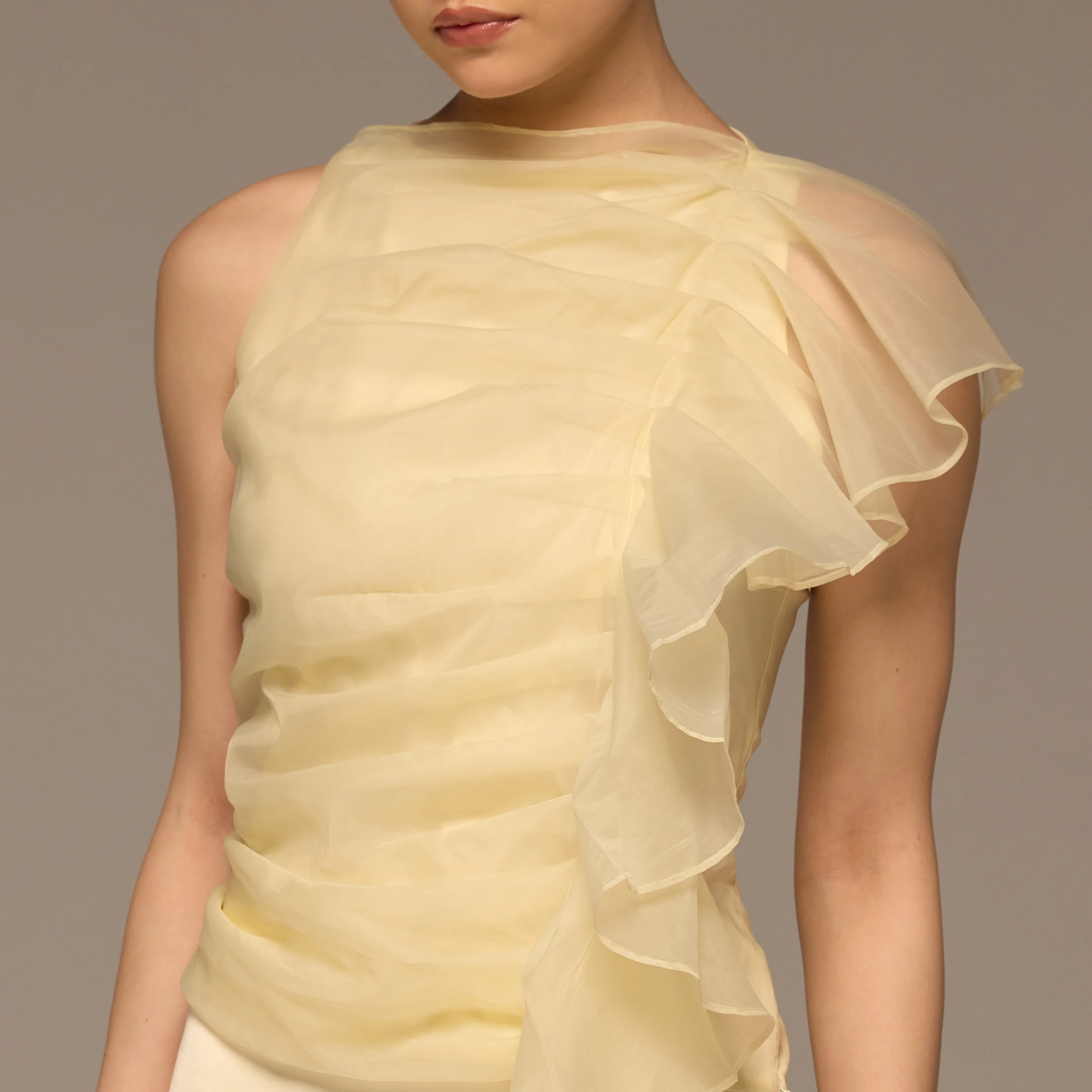 Butter Yellow One Side Ruffle Organza Blouse - Image 3