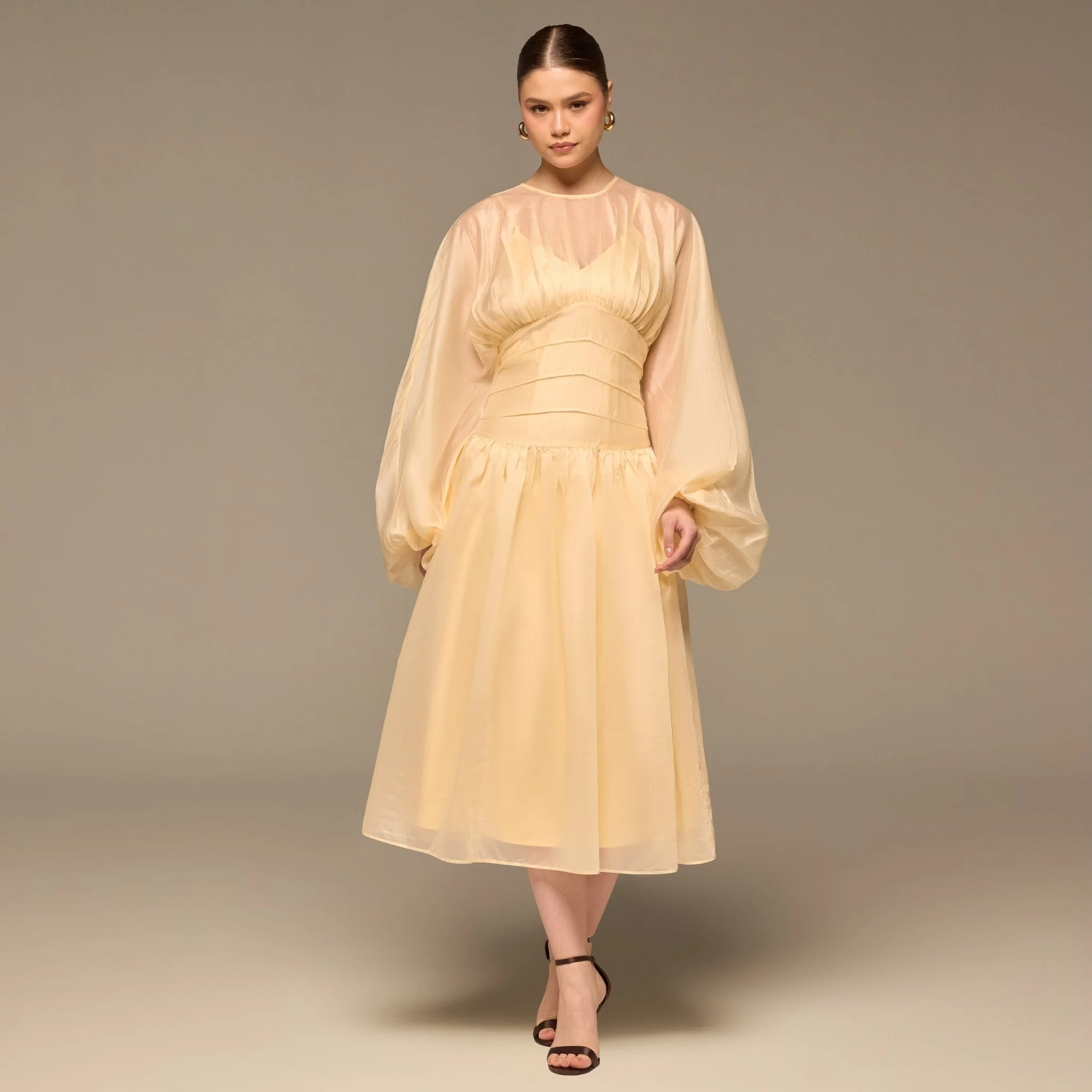 Butter Yellow Organza Puffy Sleeve Dress