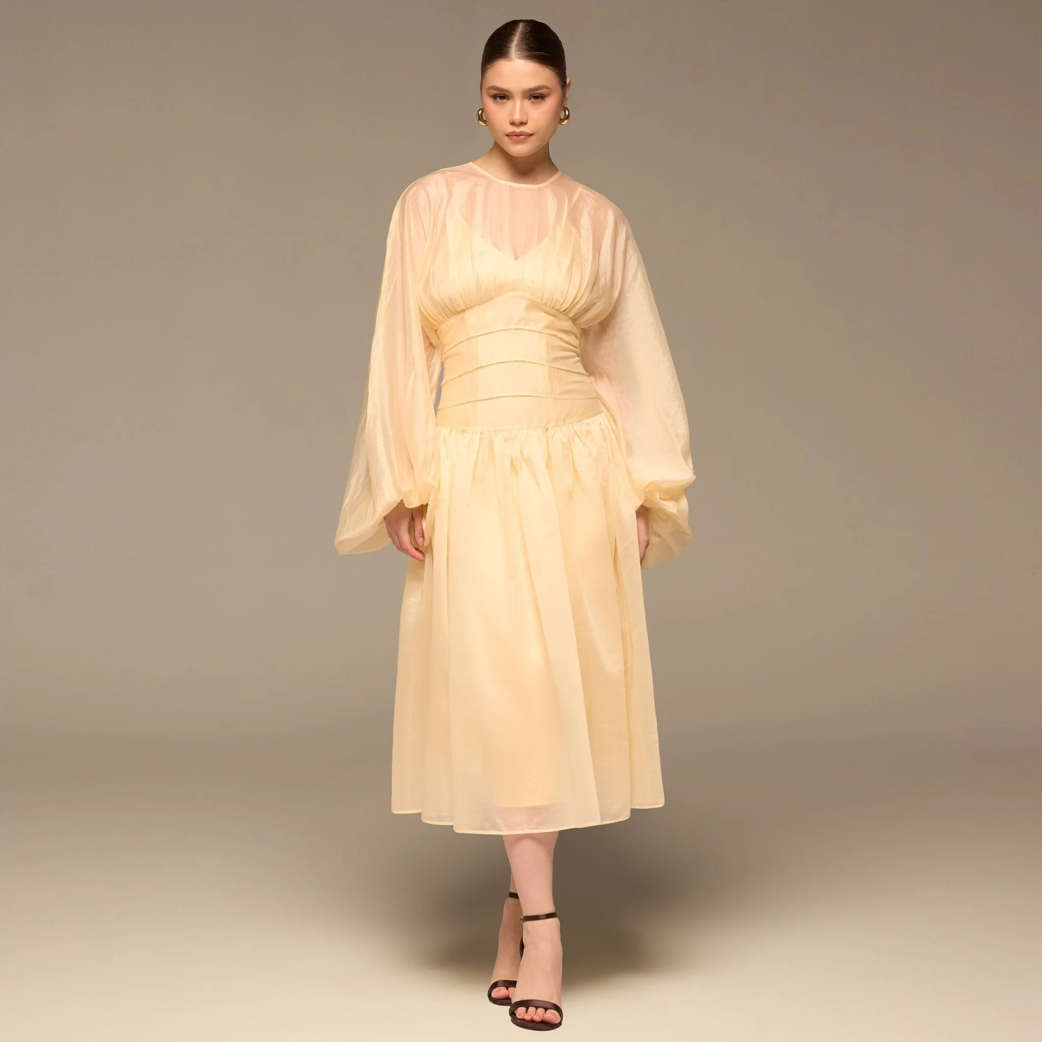 Butter Yellow Organza Puffy Sleeve Dress - Image 2