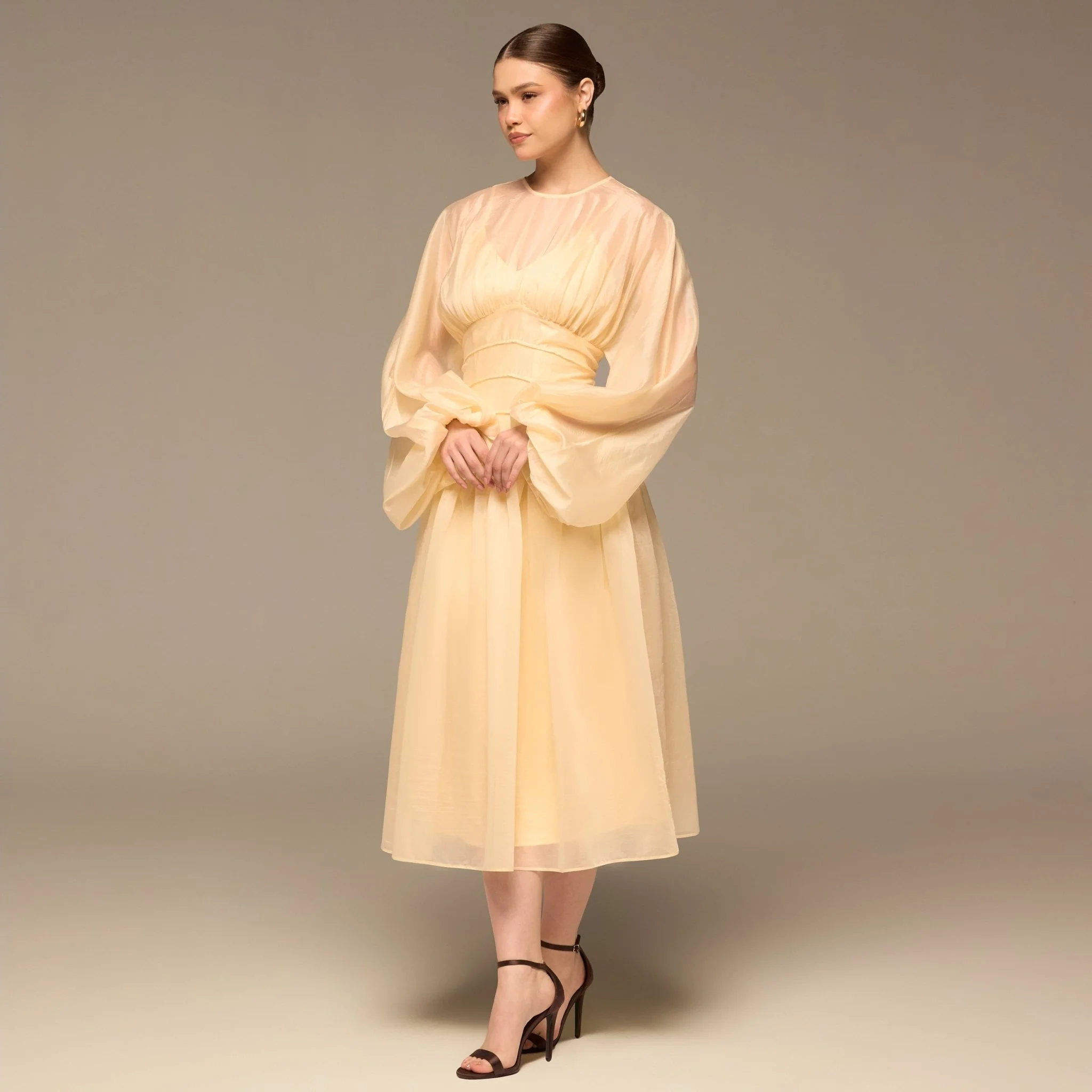 Butter Yellow Organza Puffy Sleeve Dress - Image 3