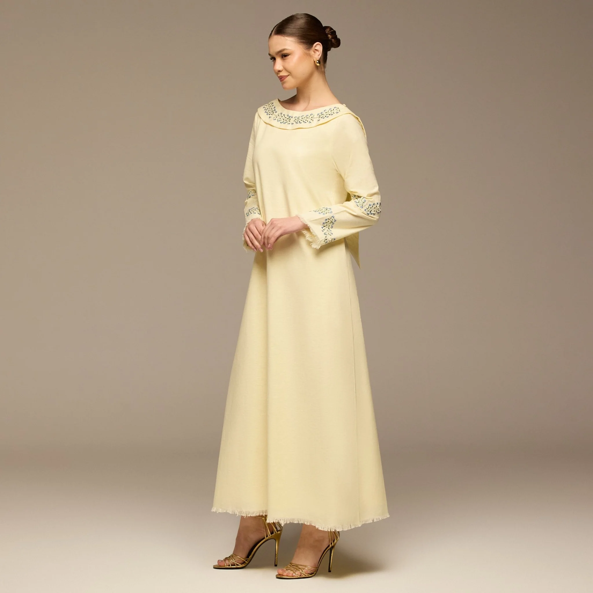 Butter Yellow Embroidered Neckline and Sleeve Linen Dress - Image 2
