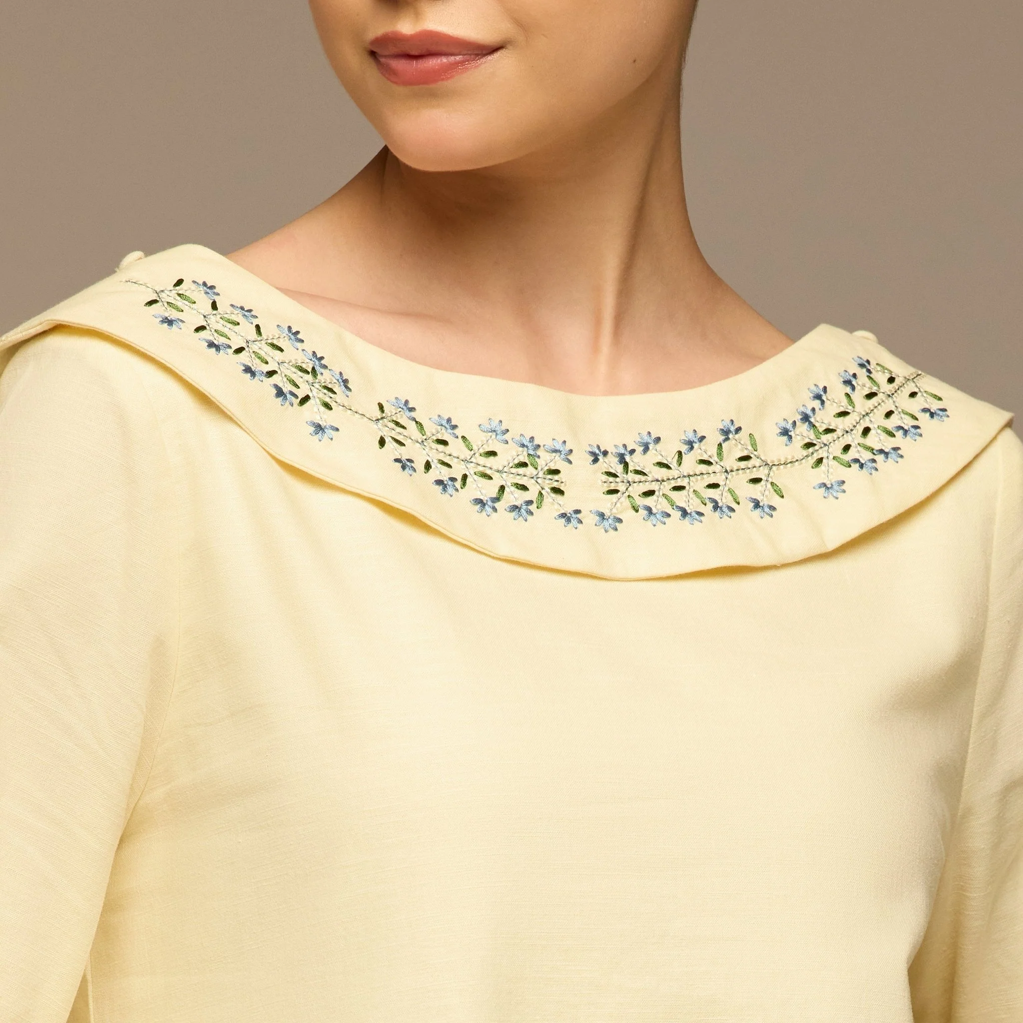 Butter Yellow Embroidered Neckline and Sleeve Linen Dress - Image 3