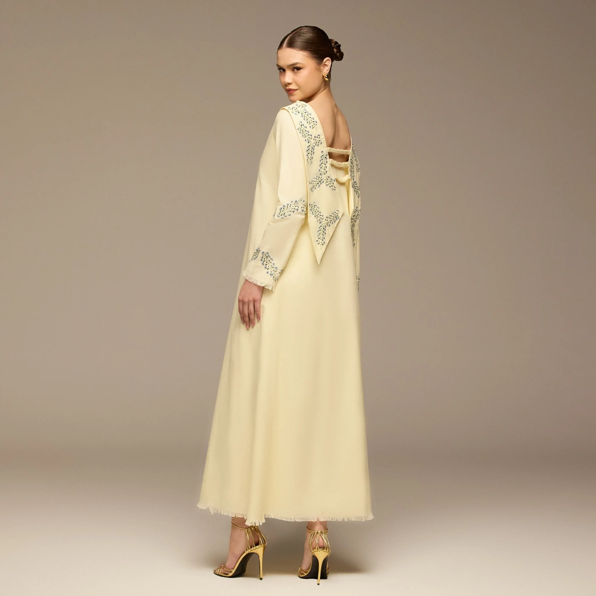 Butter Yellow Embroidered Neckline and Sleeve Linen Dress - Image 5