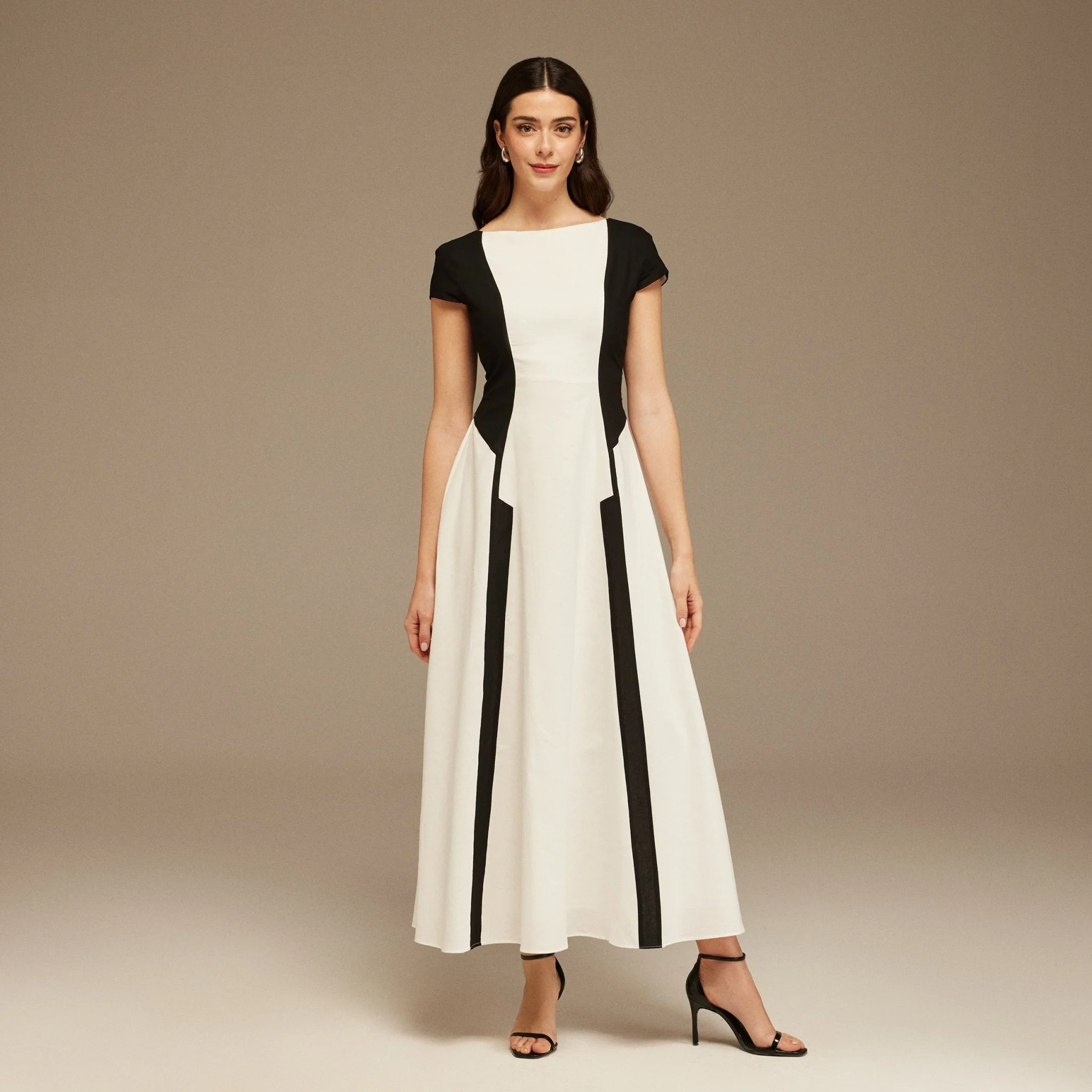 Black and White Cap Sleeve Aline Linen Cotton Midi Dress