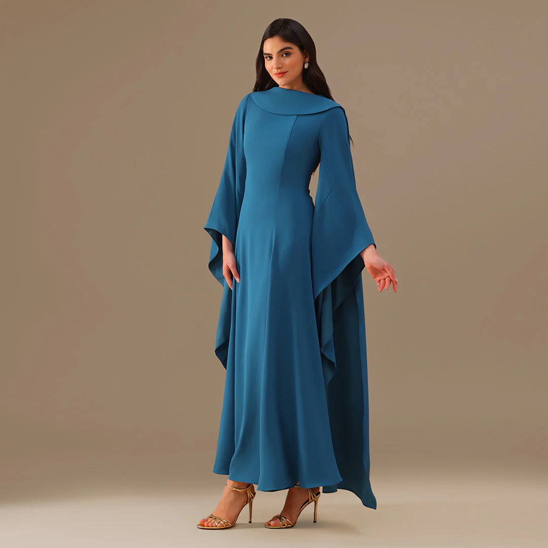 Turquoise Crepe Dress with Flared Skirt - Image 2
