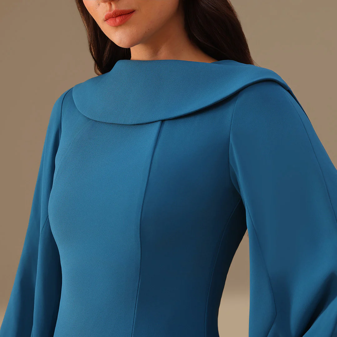 Turquoise Crepe Dress with Flared Skirt - Image 3
