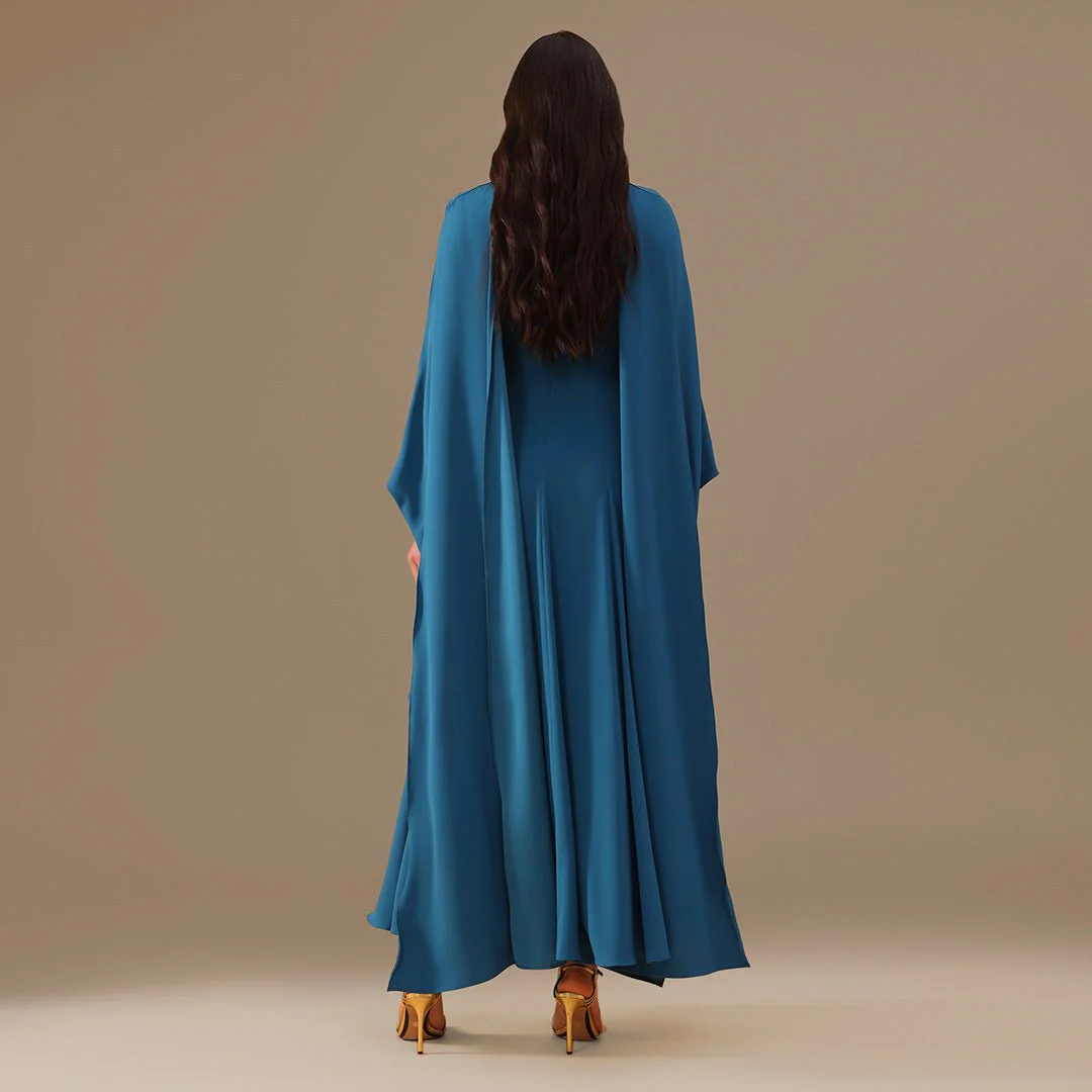Turquoise Crepe Dress with Flared Skirt - Image 4