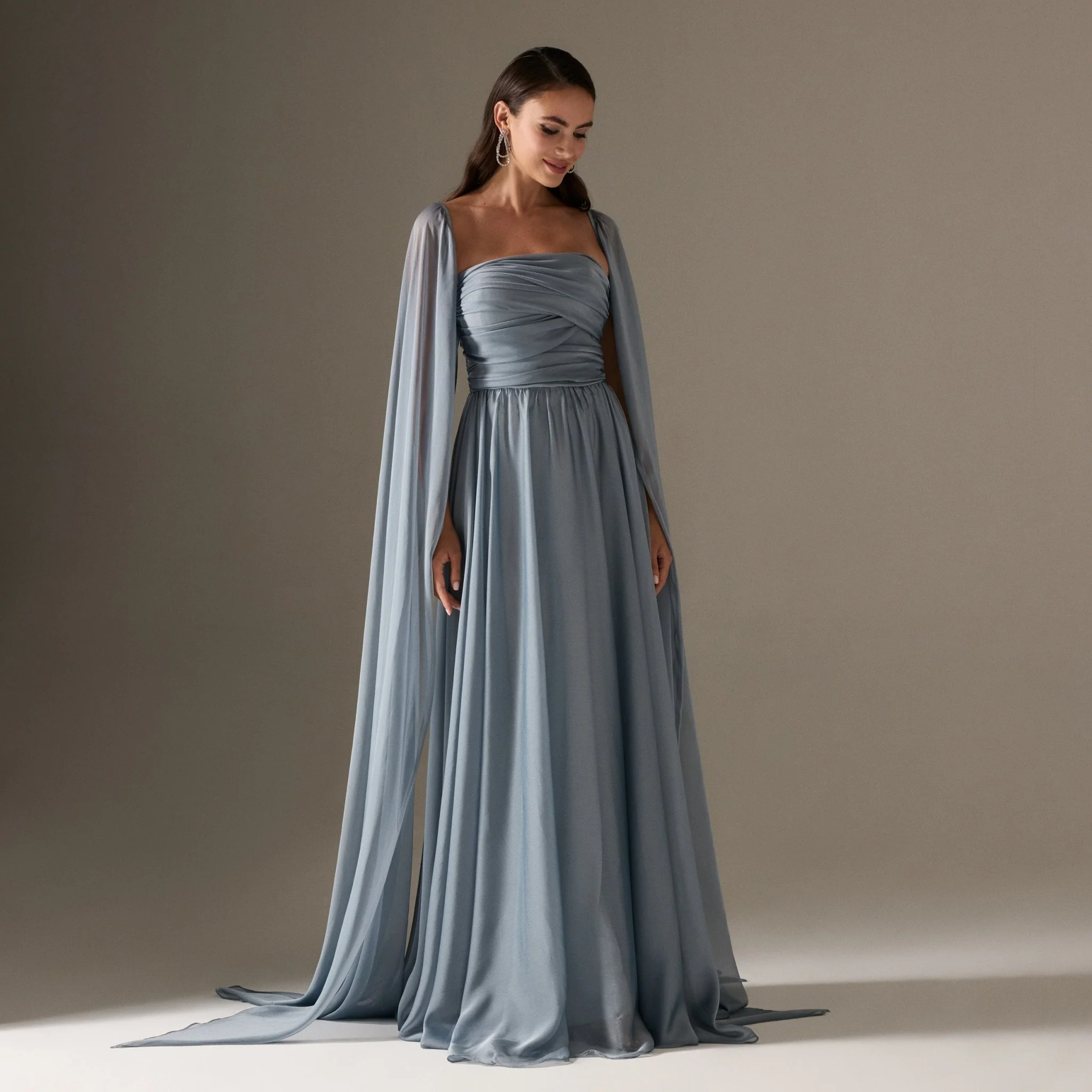Cape Sleeve Drapped A-line Chiffon Dress - Image 2