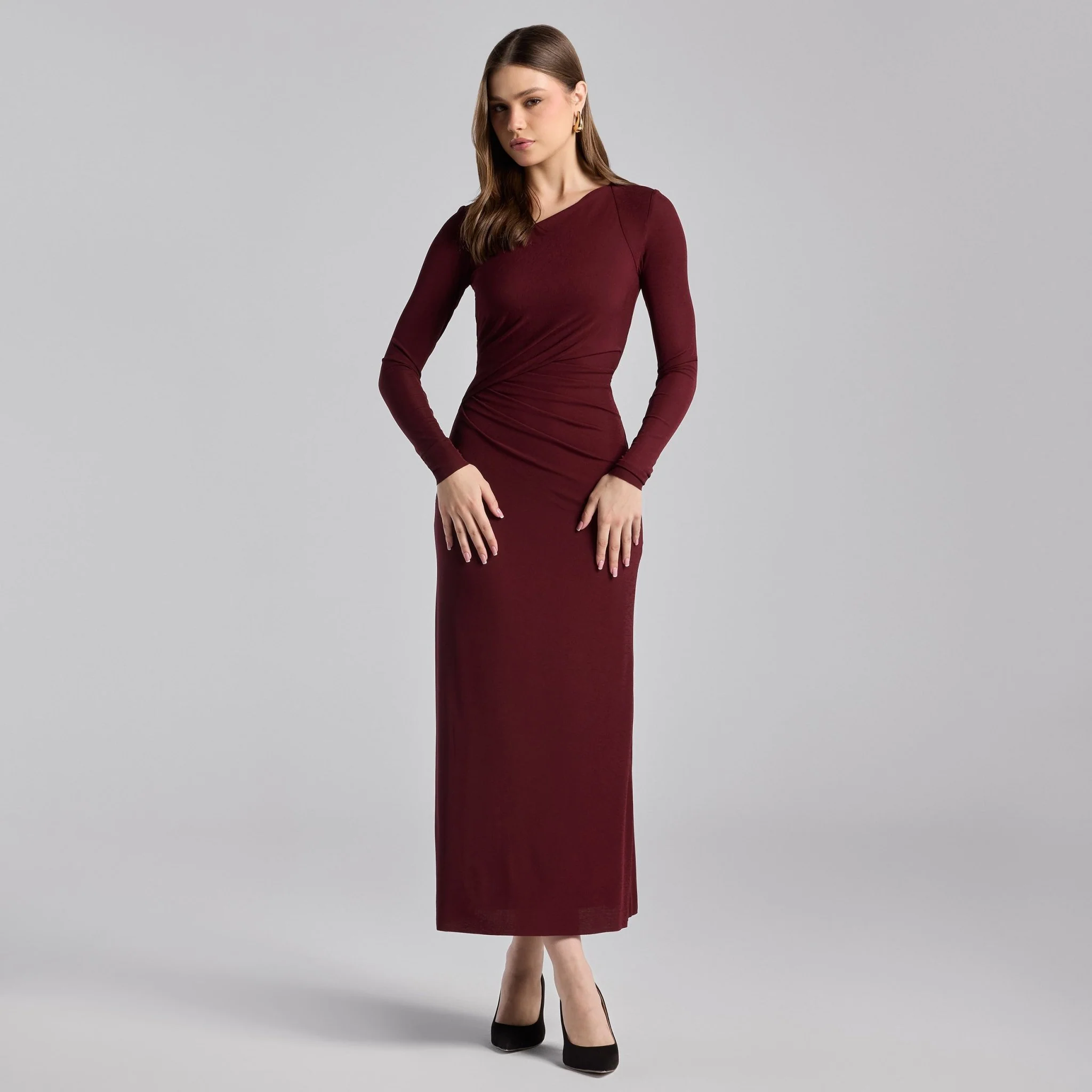 Burgundy Asymmetric Neck Midi Jersey Dress
