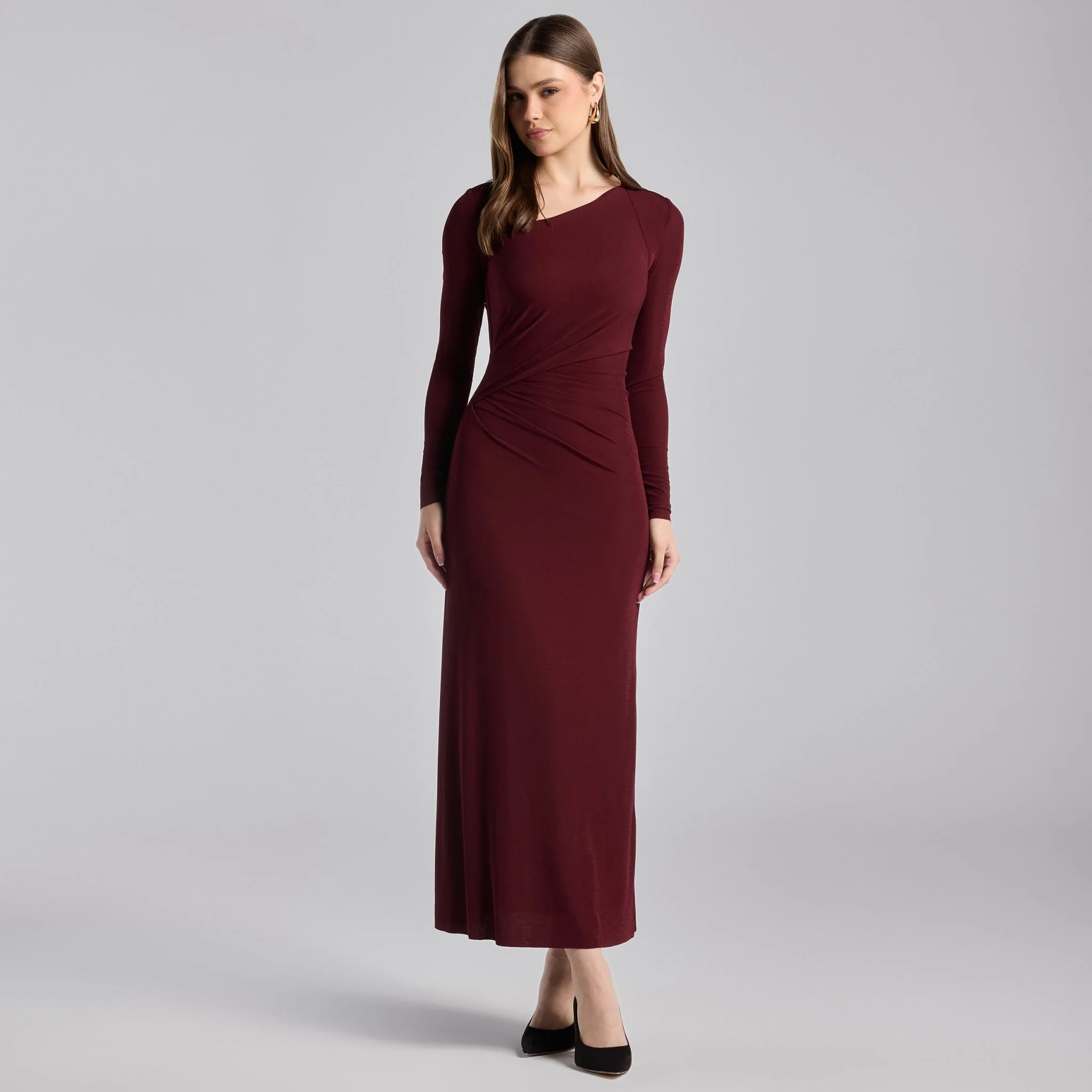 Burgundy Asymmetric Neck Midi Jersey Dress - Image 2
