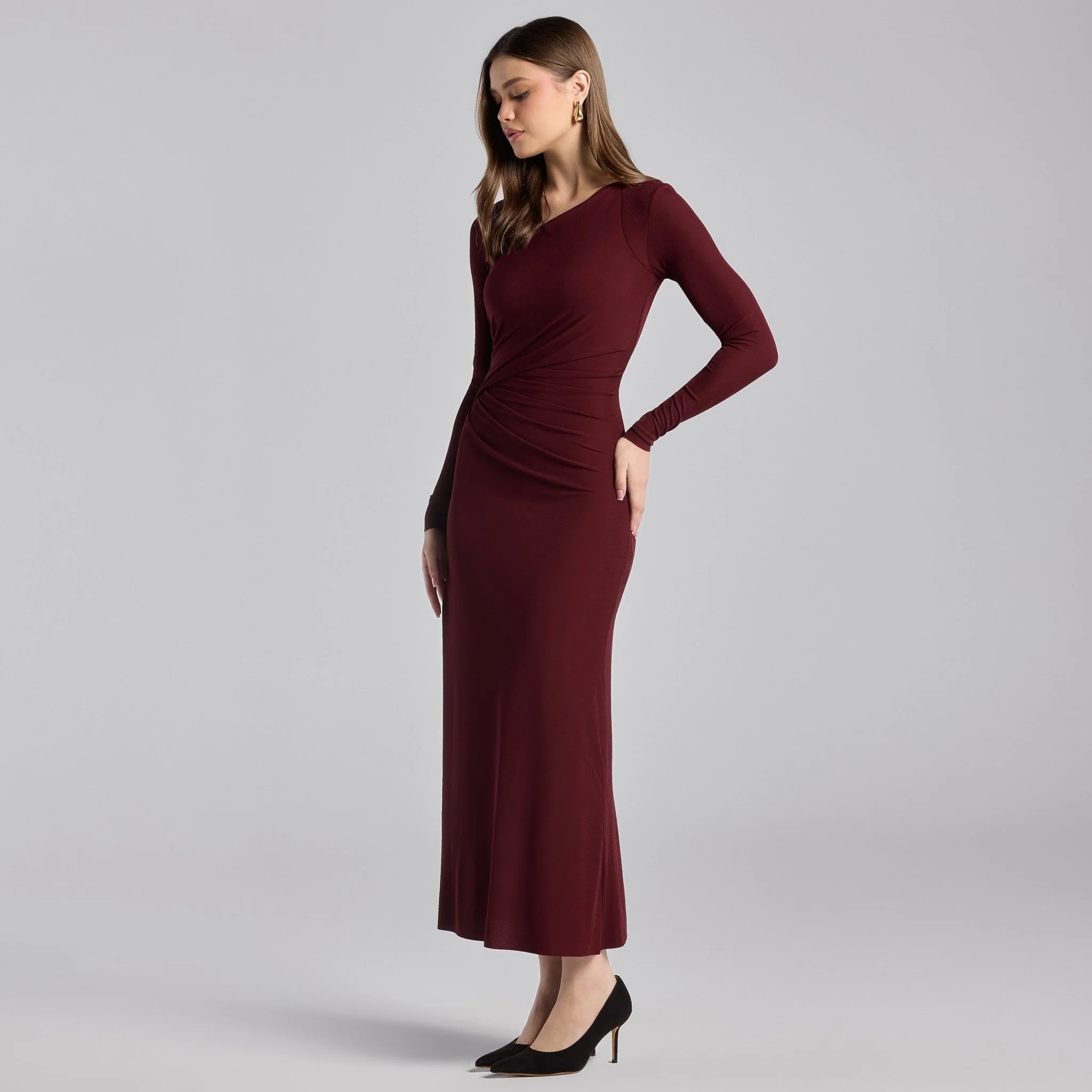 Burgundy Asymmetric Neck Midi Jersey Dress - Image 3