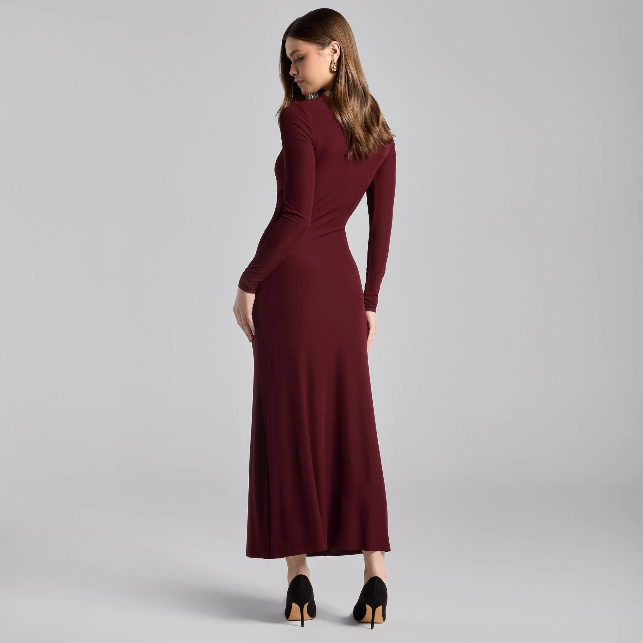Burgundy Asymmetric Neck Midi Jersey Dress - Image 5