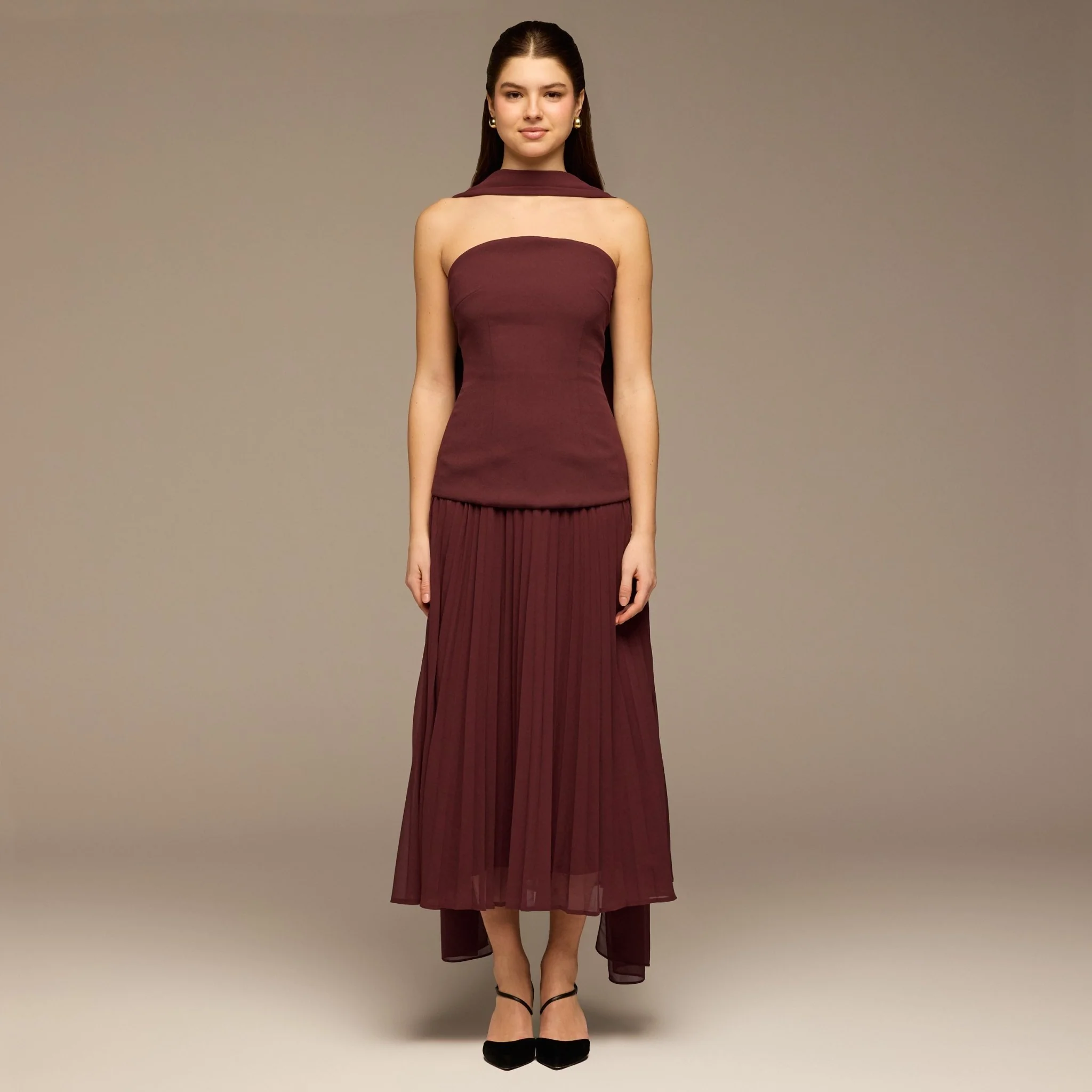 Cherry Red Crepe and Chiffon Pleated Dress with Scarf