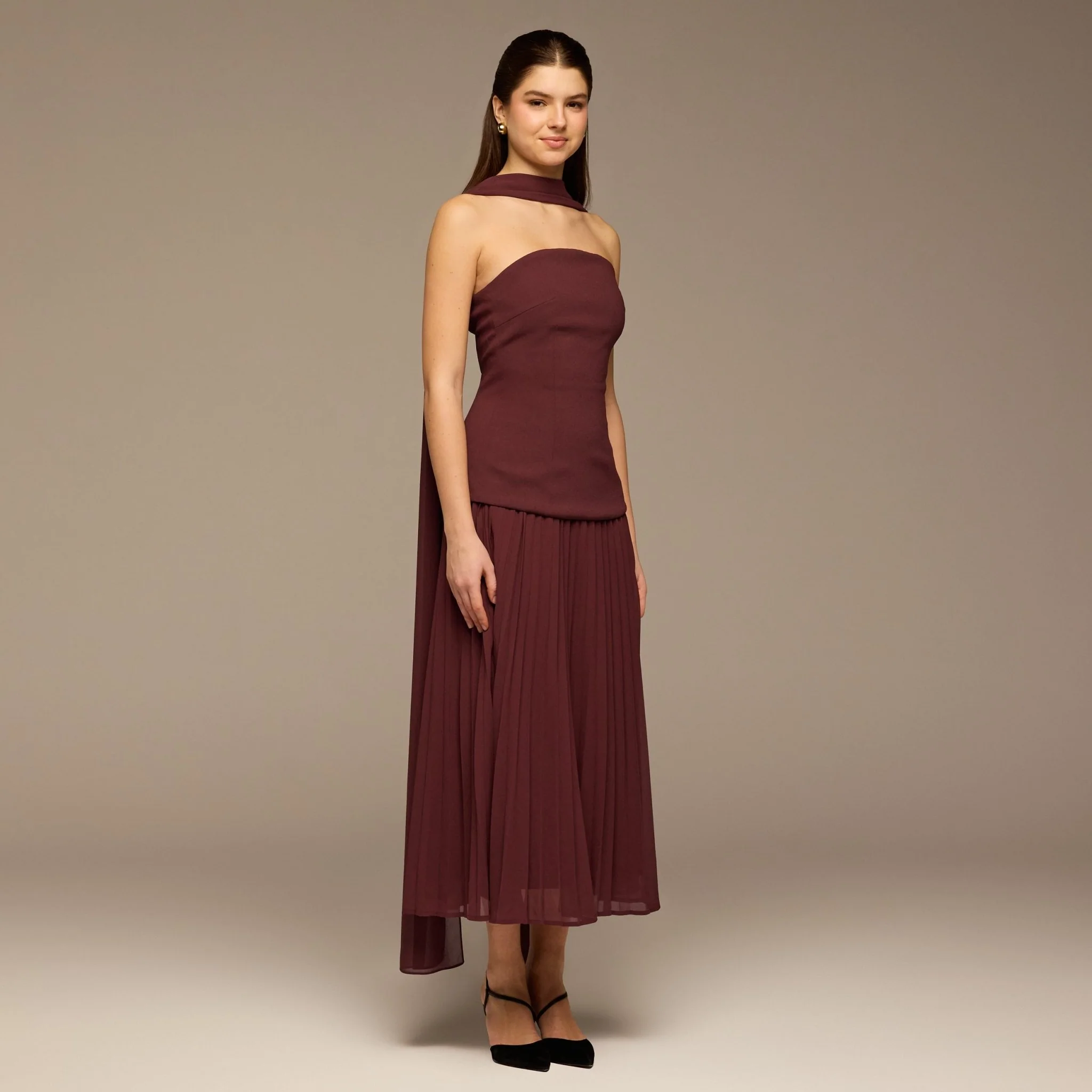 Cherry Red Crepe and Chiffon Pleated Dress with Scarf - Image 2