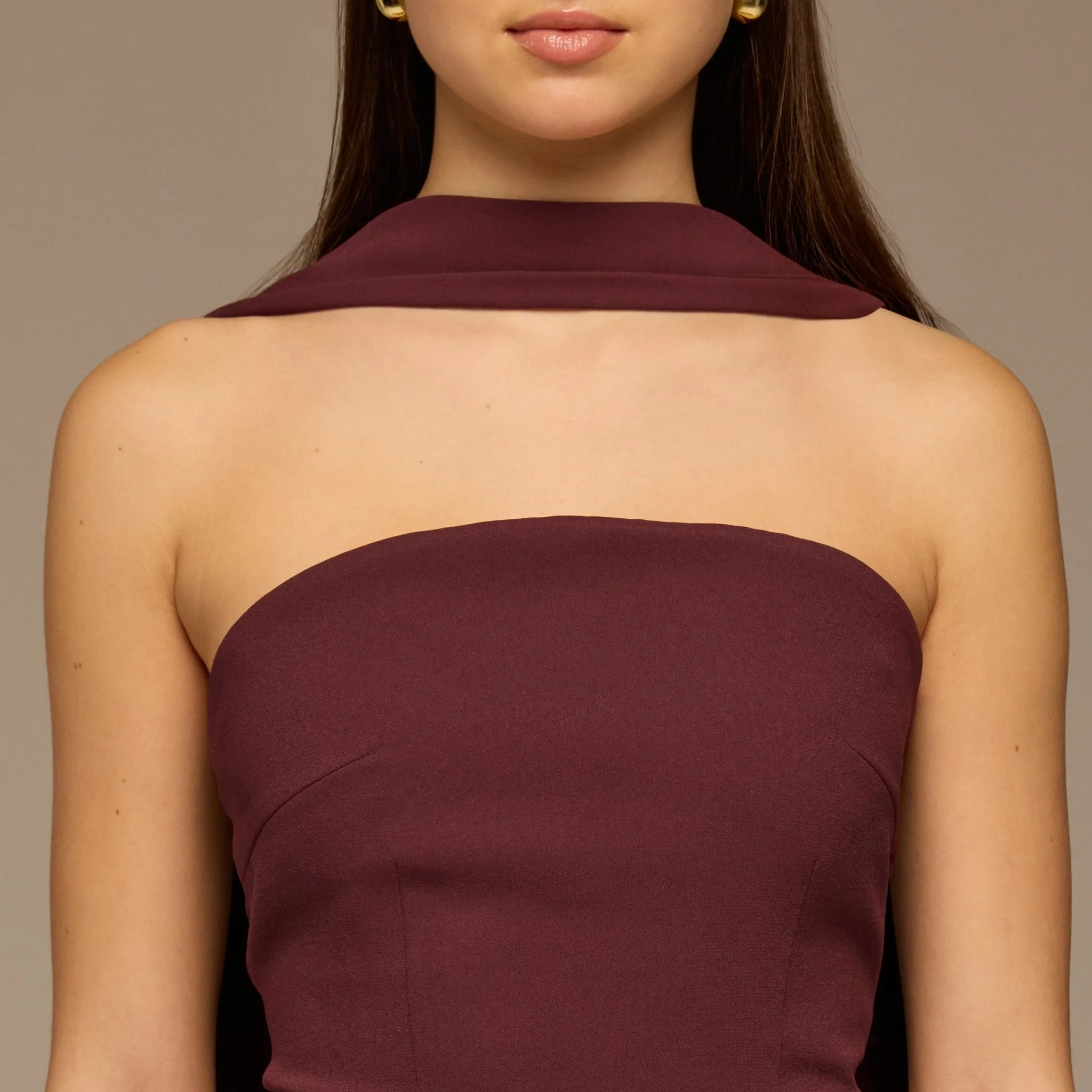 Cherry Red Crepe and Chiffon Pleated Dress with Scarf - Image 3