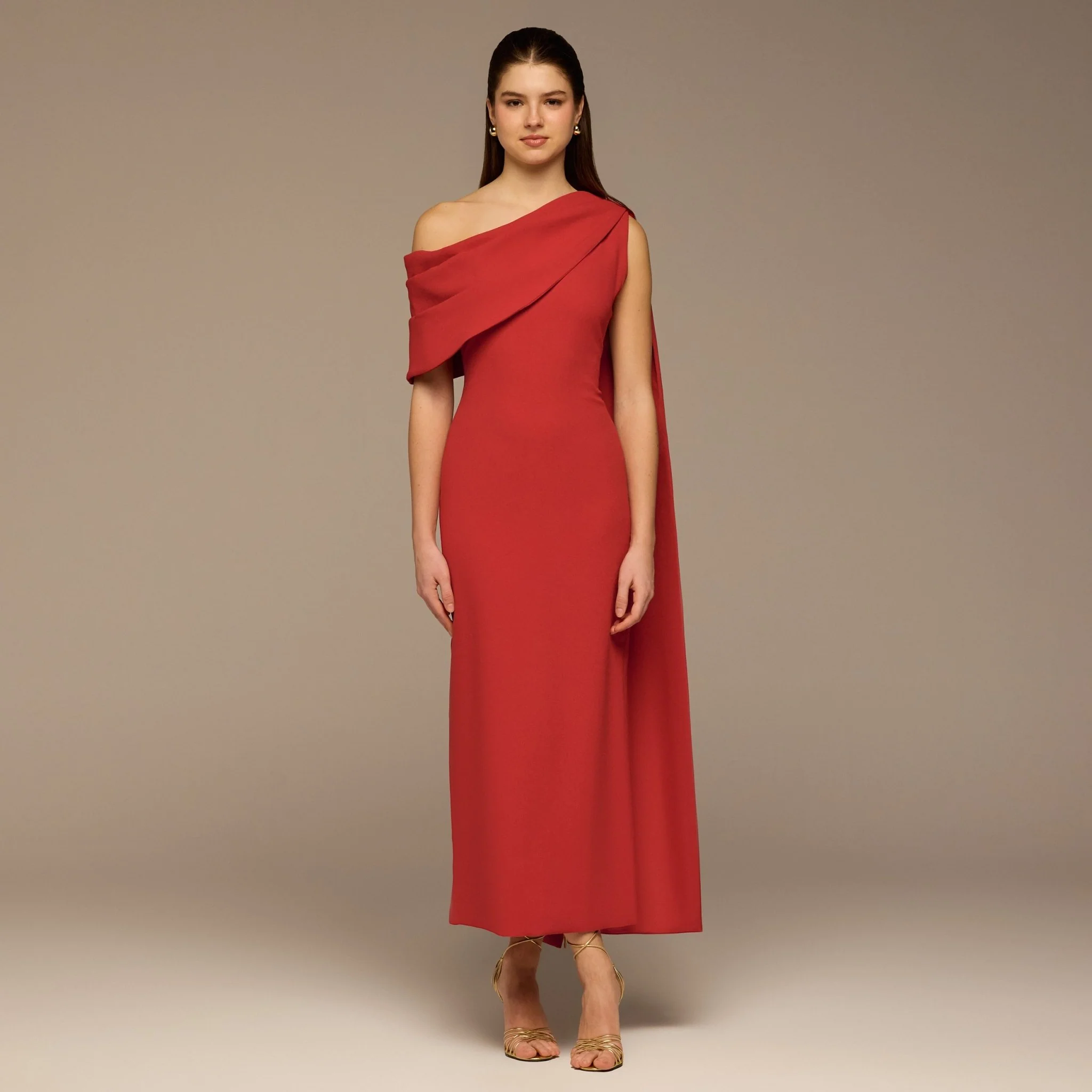 Cherry Red One-Shoulder Crepe Dress with Scarf
