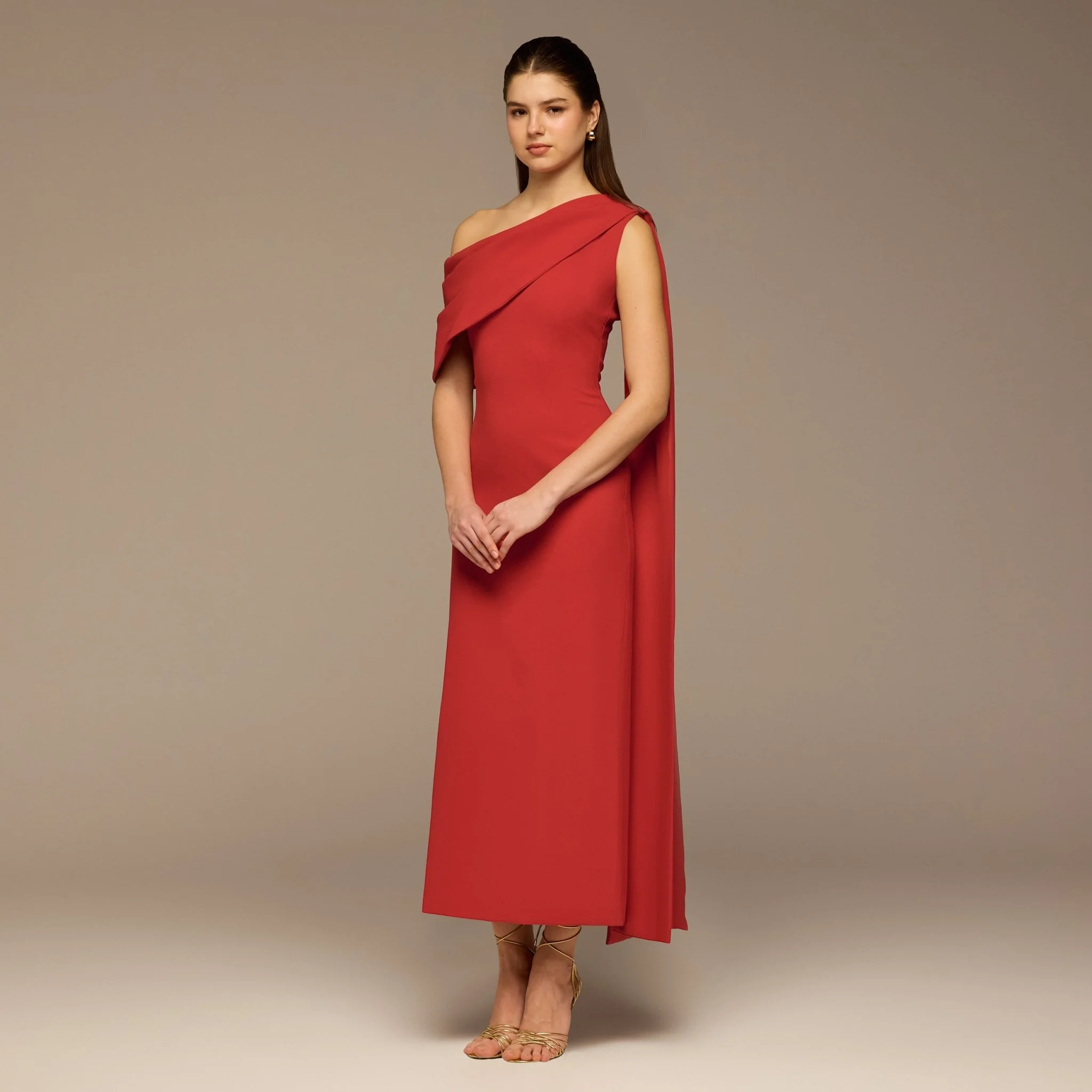 Cherry Red One-Shoulder Crepe Dress with Scarf - Image 2