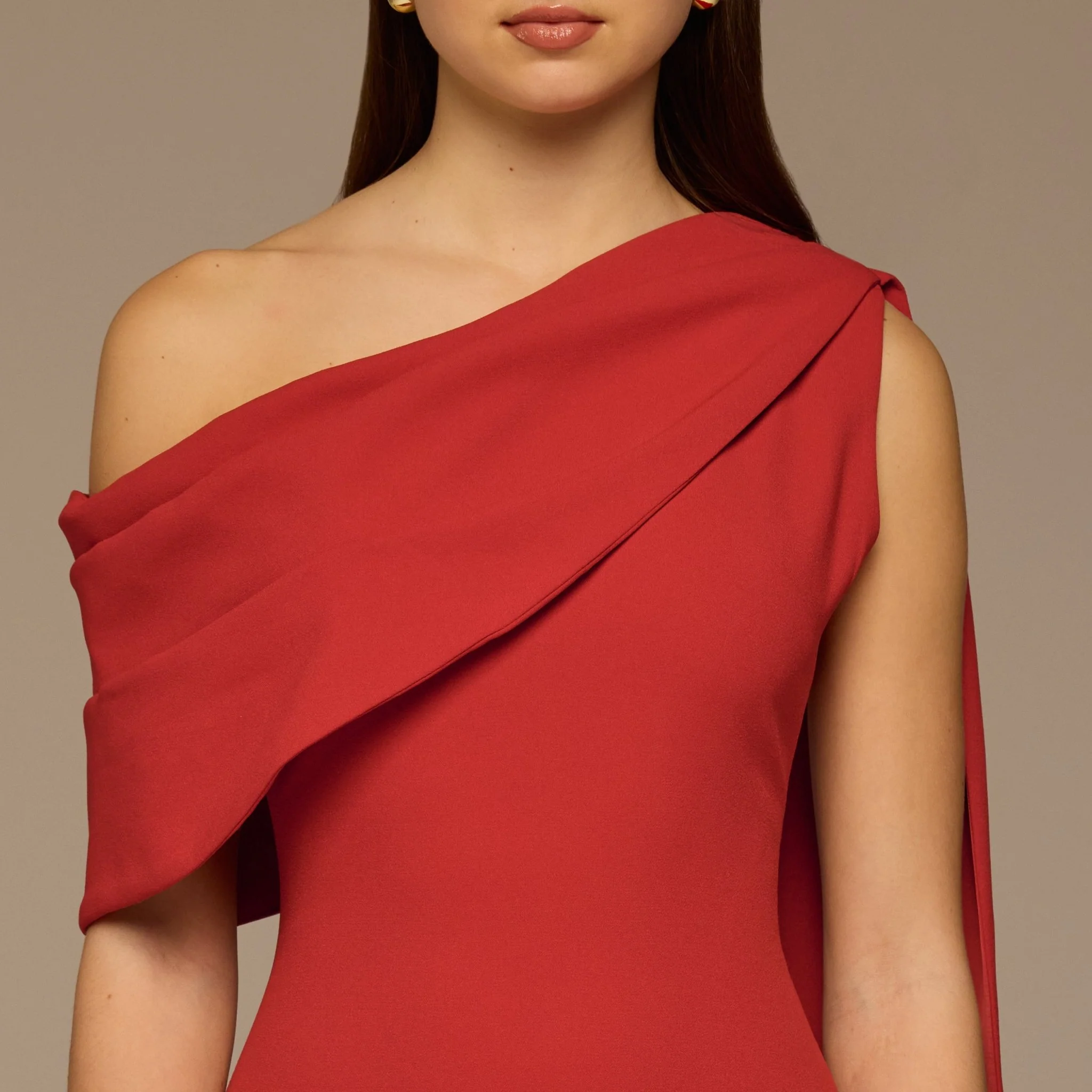 Cherry Red One-Shoulder Crepe Dress with Scarf - Image 3