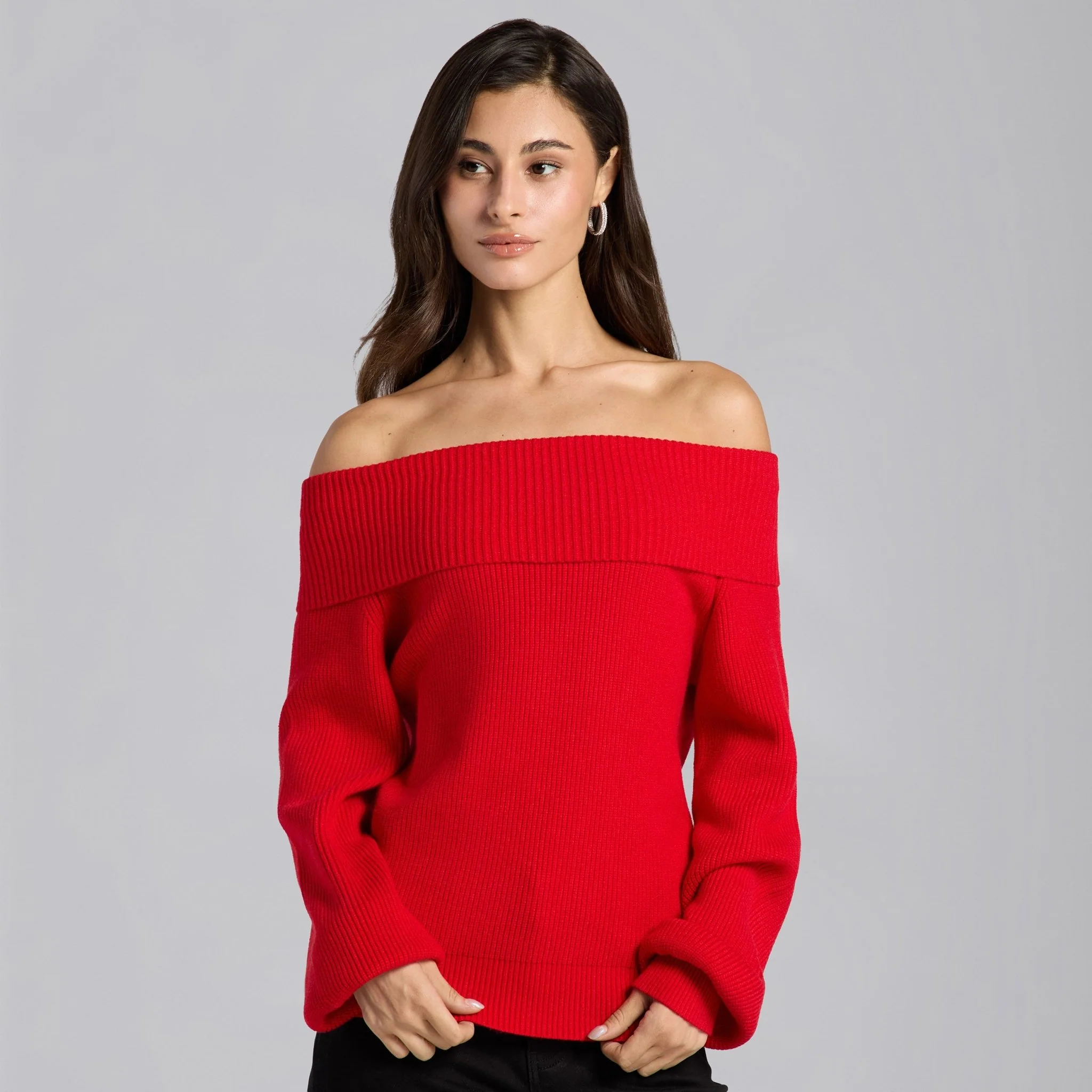 Cherry Red Knit Fold Off Shoulder Balloon Sleeve Sweater