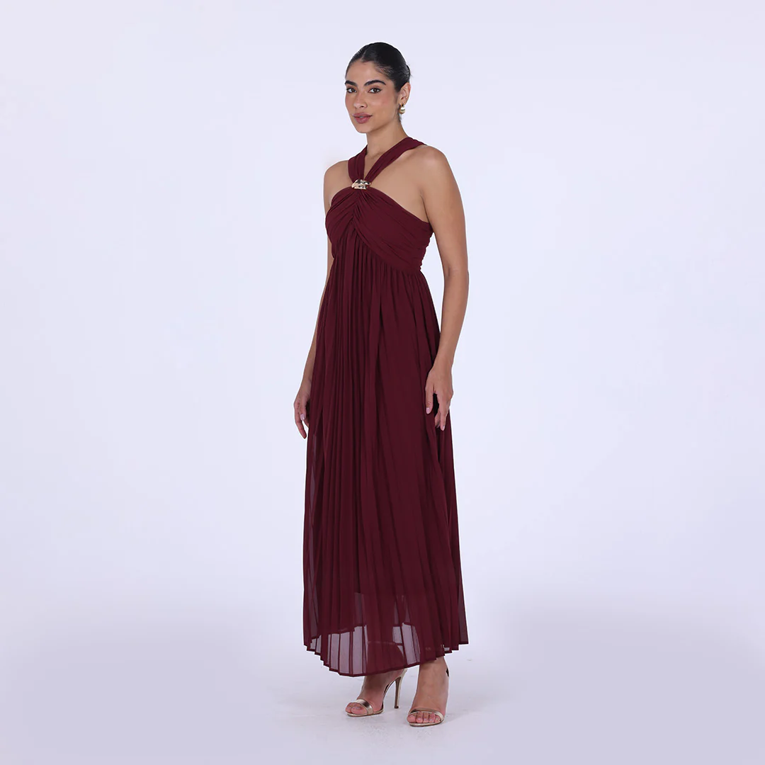 Brown Chiffon Pleated Gathered Chest Maxi Dress - Image 2