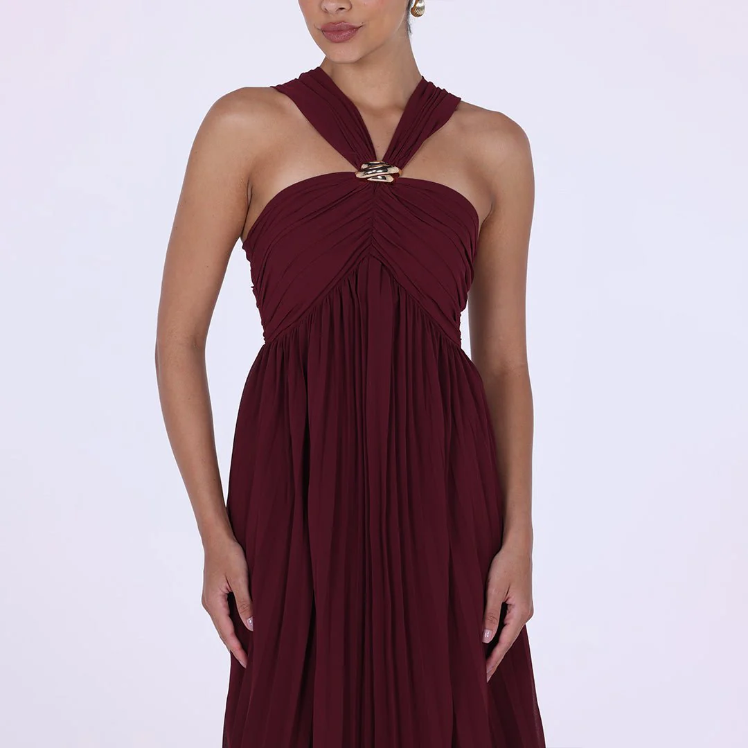 Brown Chiffon Pleated Gathered Chest Maxi Dress - Image 3