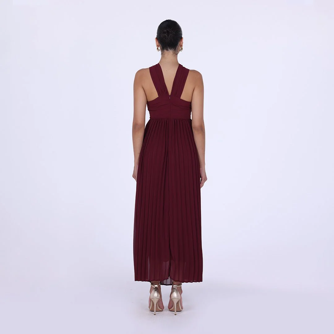 Brown Chiffon Pleated Gathered Chest Maxi Dress - Image 4