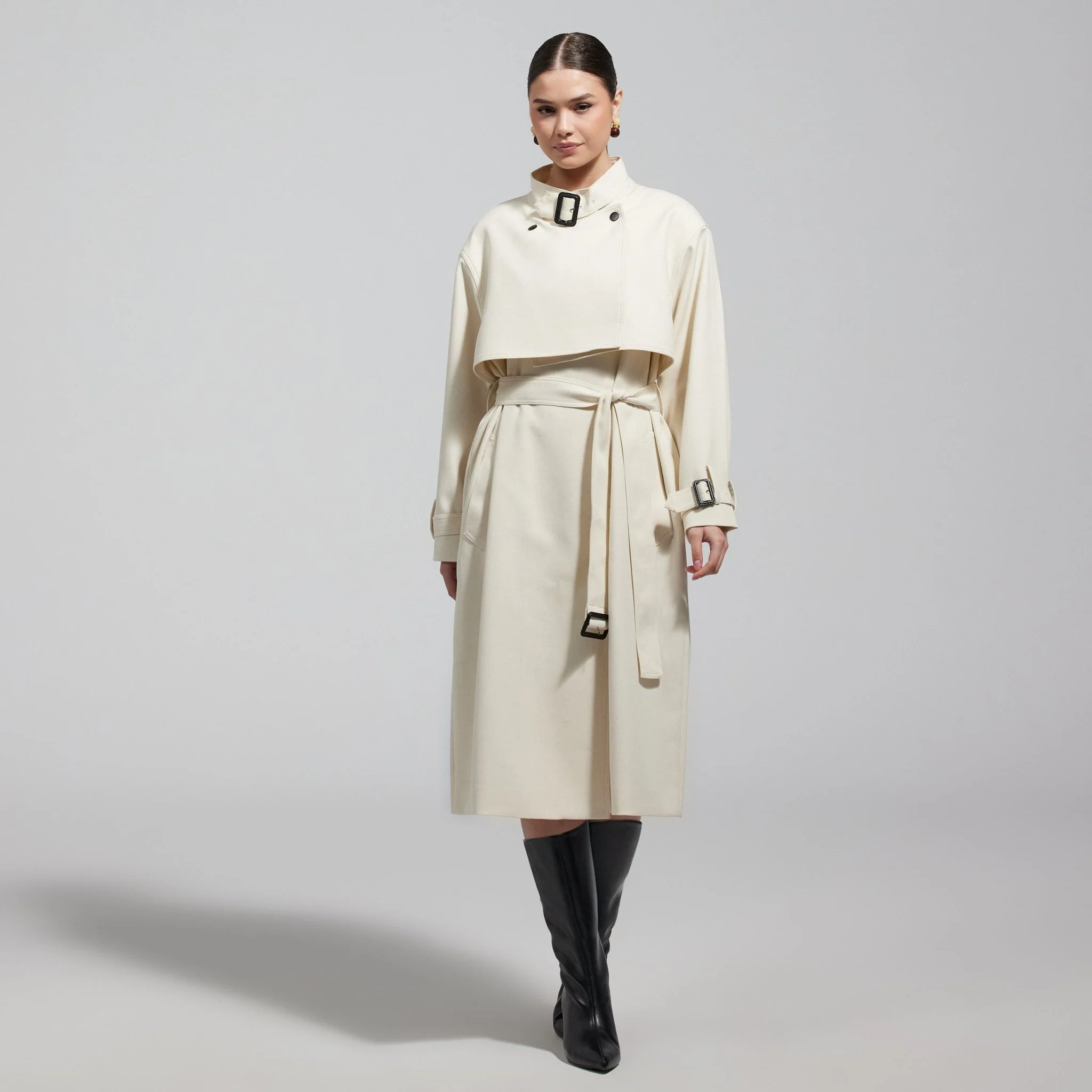 Cloud White High Collar Twill Trench Coat