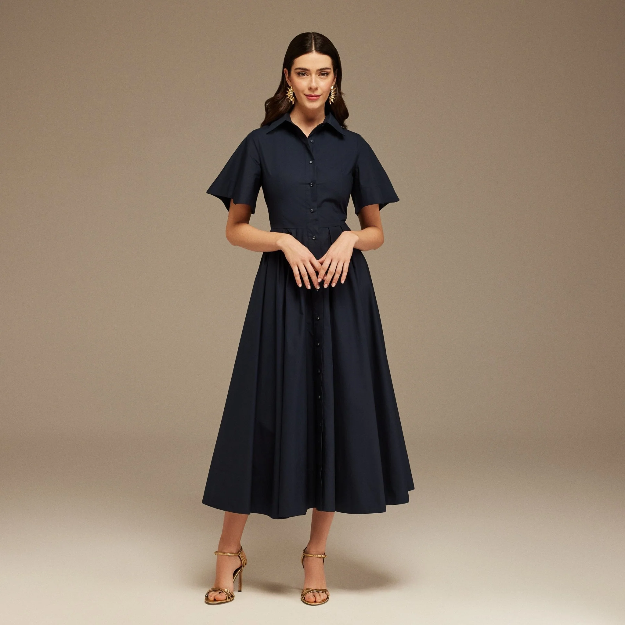 Navy Collard Cotton Long Aline Dress