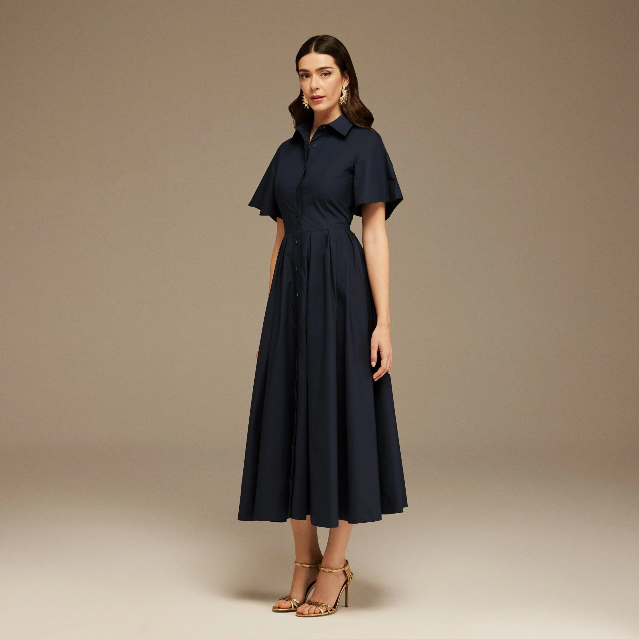 Navy Collard Cotton Long Aline Dress - Image 2